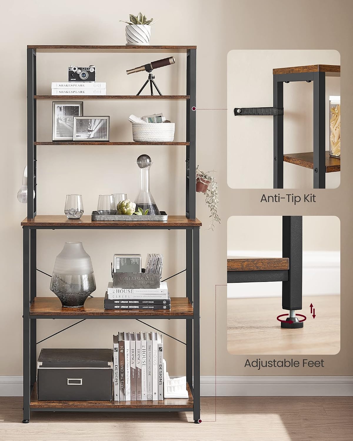 VASAGLE Coffee Bar, 31.5 Inches 6-Tier Baker's Rack with 6 Hooks