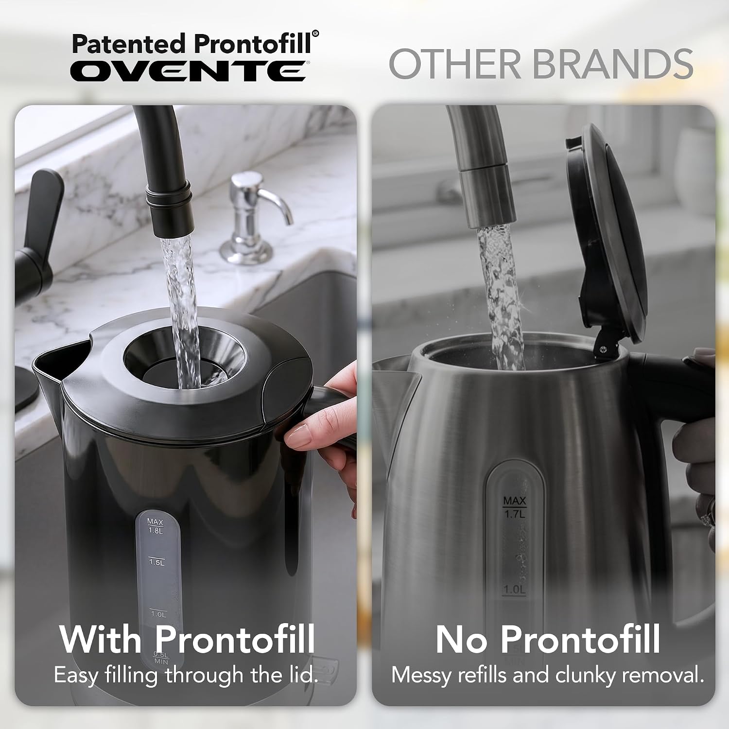 OVENTE 1.8L Electric Kettle, BPA-Free with Easy-Fill Lid, Black KP413B