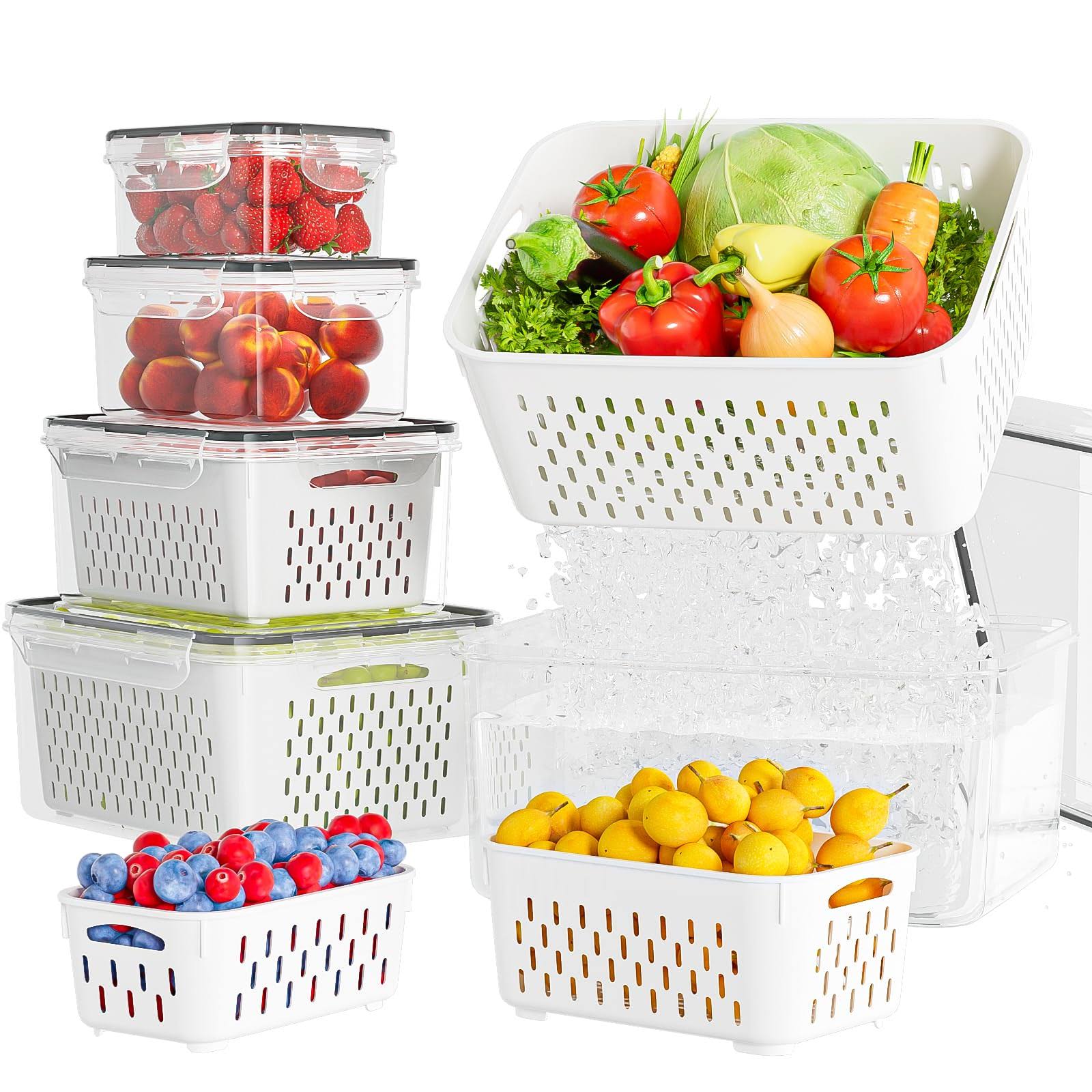 KEMETHY 5 Pack Fruit Storage Containers for Fridge with Removable Colanders - Food Storage Containers with Lids, BPA-Free Produce Containers Keep