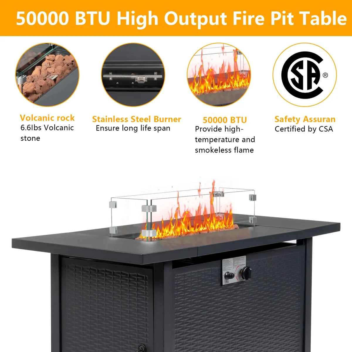 43 in Propane Fire Pit Table, 50,000 BTU Auto-Ignition Fire Pit Table, Gas Fire Pits for Outside with Glass Stone and Waterproof Cover, Grey Rattan, CSA Certification for Garden/Patio/Backyard