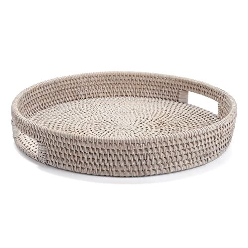Rattan Round Serving Tray, Hand Woven Serving Basket With Cut - Out Handles, Wicker Fruit/Bread Serving Basket, 11.8 Inch