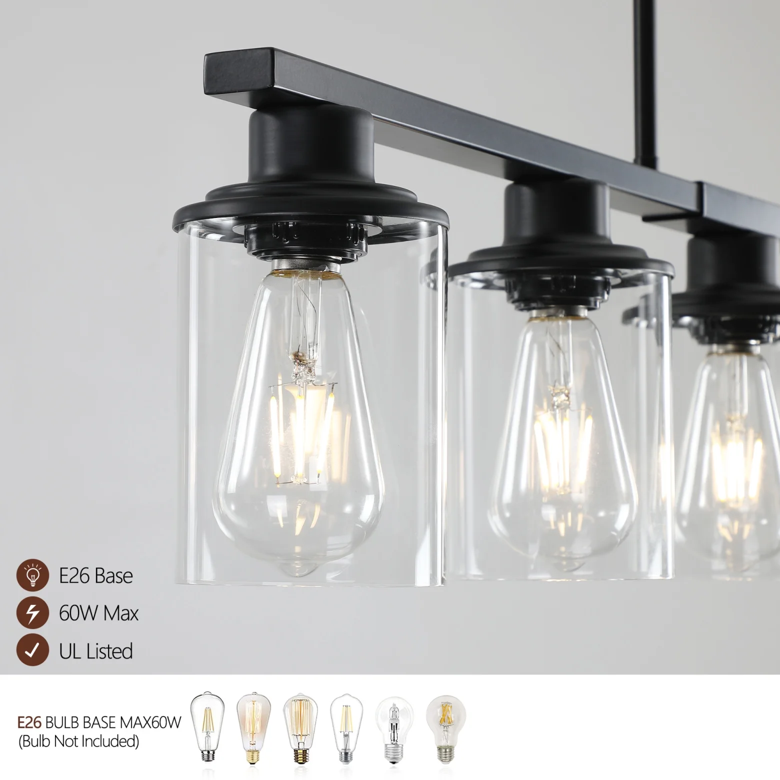 5-Light Kitchen Island Pendant Light, Farmhouse Industrial Chandeliers with Two Metal Rod Supports, Rectangular Island Lights for Kitchen, Living Room, Walnut/Black