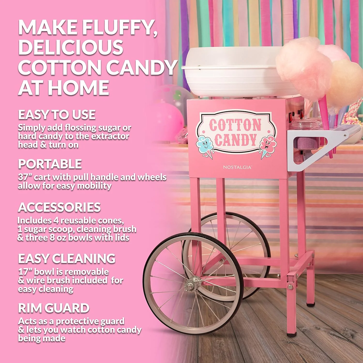 Nostalgia Professional Cotton Candy Cart, Vintage Candy Cart with Serving Shelf, 3 Bowls With Lids & Spoons, 13-in Rubber Wheels, Pull Handle, Includes 4 Reusable Cones & Wire Cleaning Brush, Pink