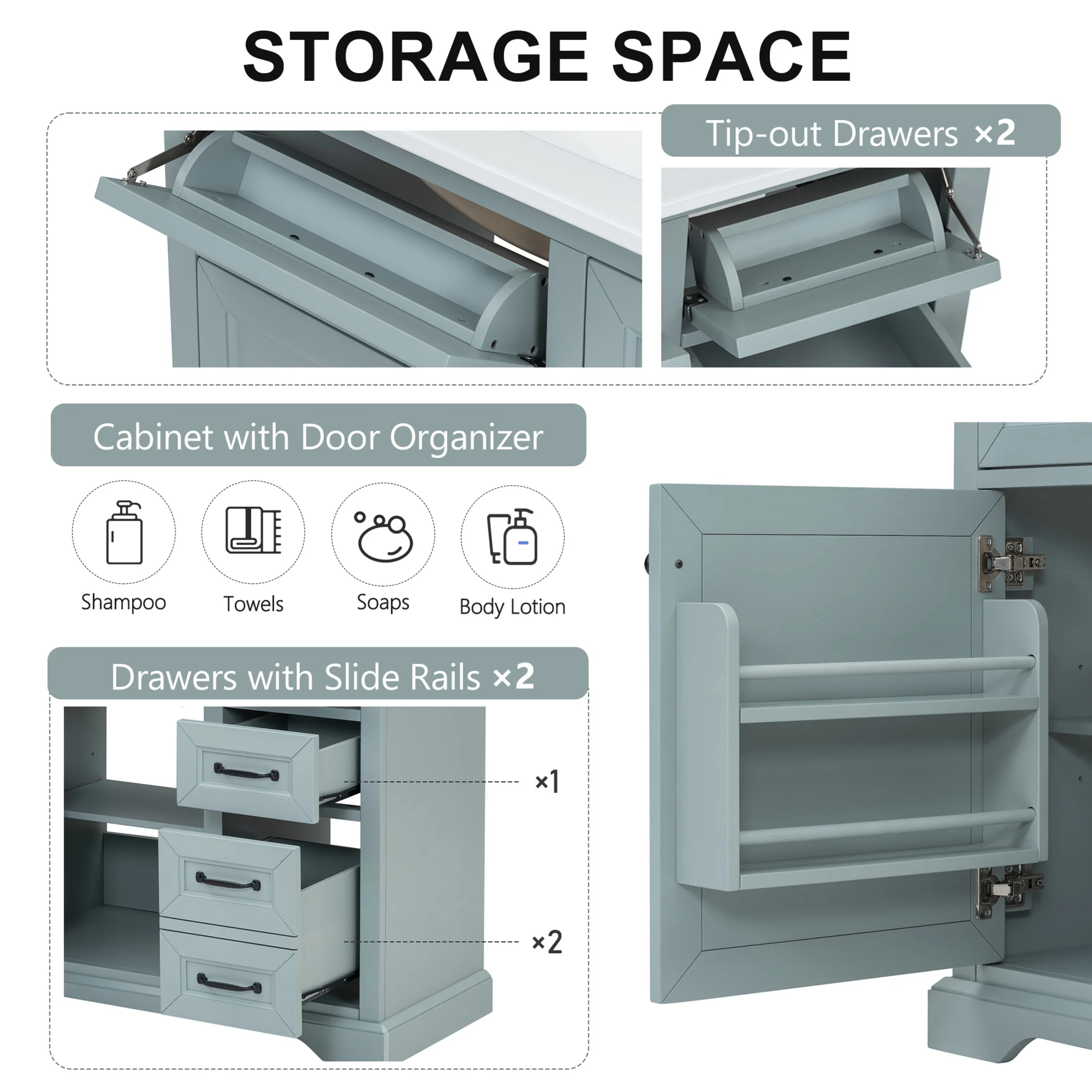 36" Bathroom Vanity with Sink, Tip-out Drawers, Soft-Close Doors, Grey(Grey) - Image 8