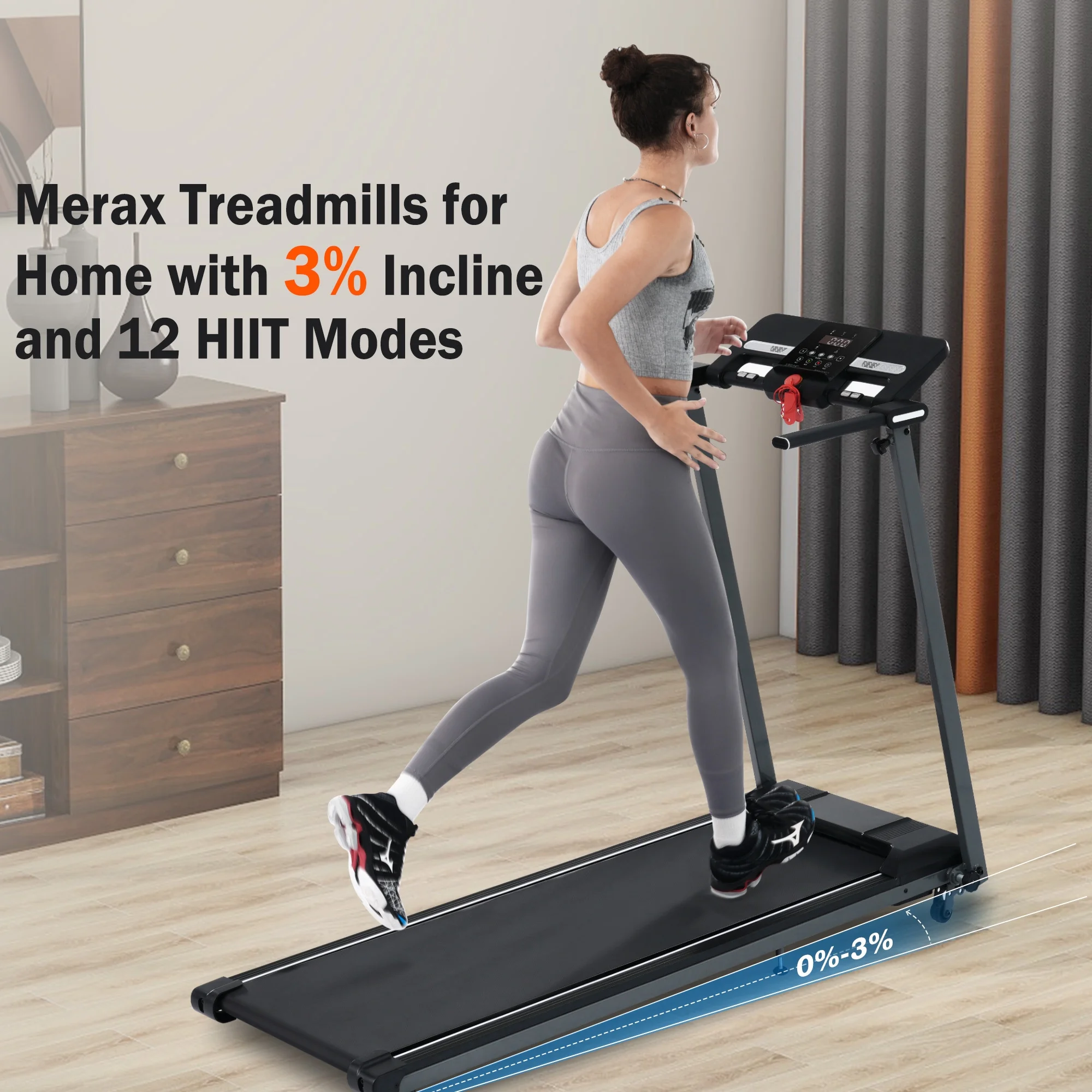2.5HP Folding Treadmill with 7.5mph Speed, 265LBS Walking Exercise Treadmill with LED Display, 3-Level Incline and 12 Preset Program for Home Office - Image 9