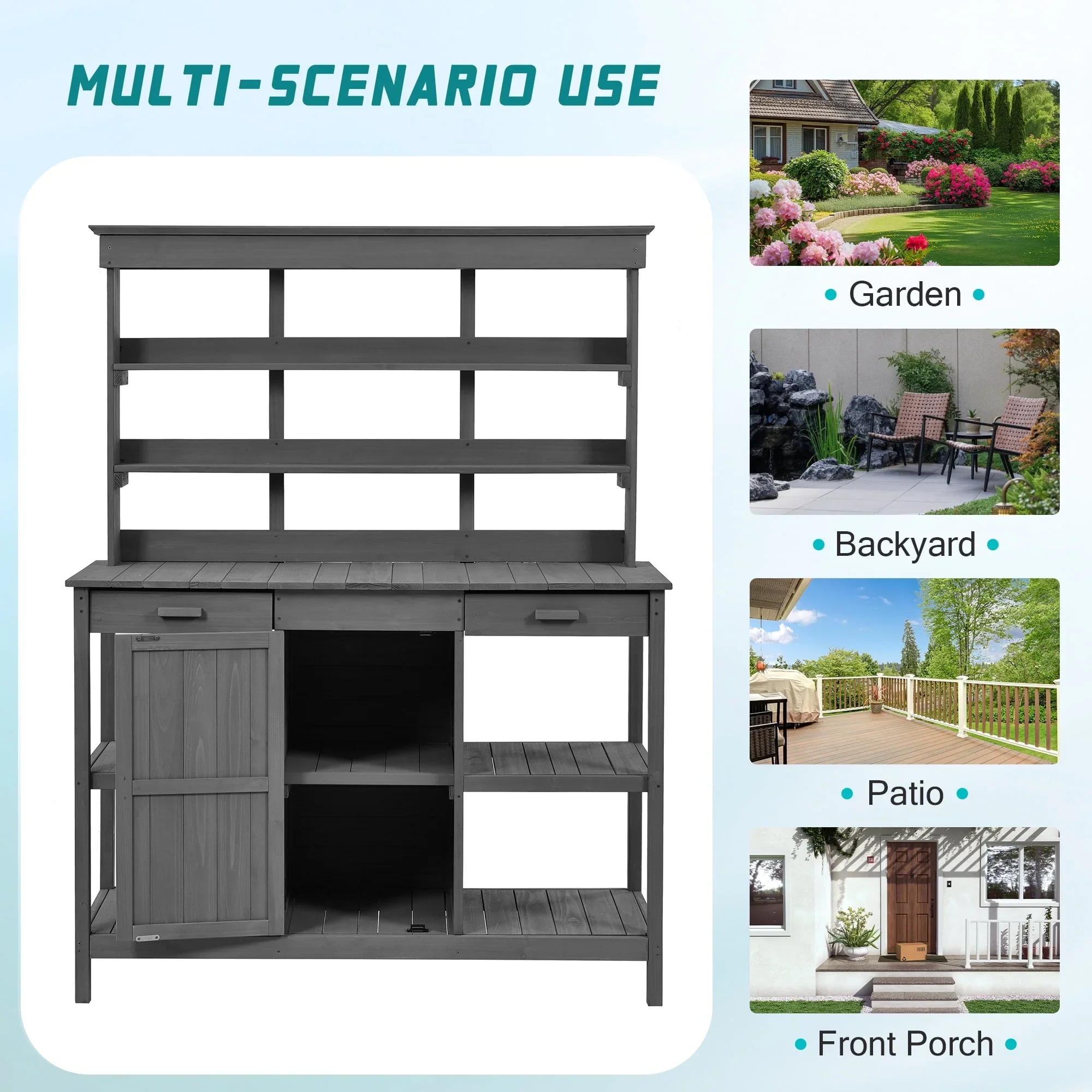 YIYADO 66 Large Outdoor Wooden Planter Workbench, Farmhouse Style Garden Workstation with 2 Drawers, Cabinets, and Open Shelves, Suitable for Backyards and Mudrooms, Gray
