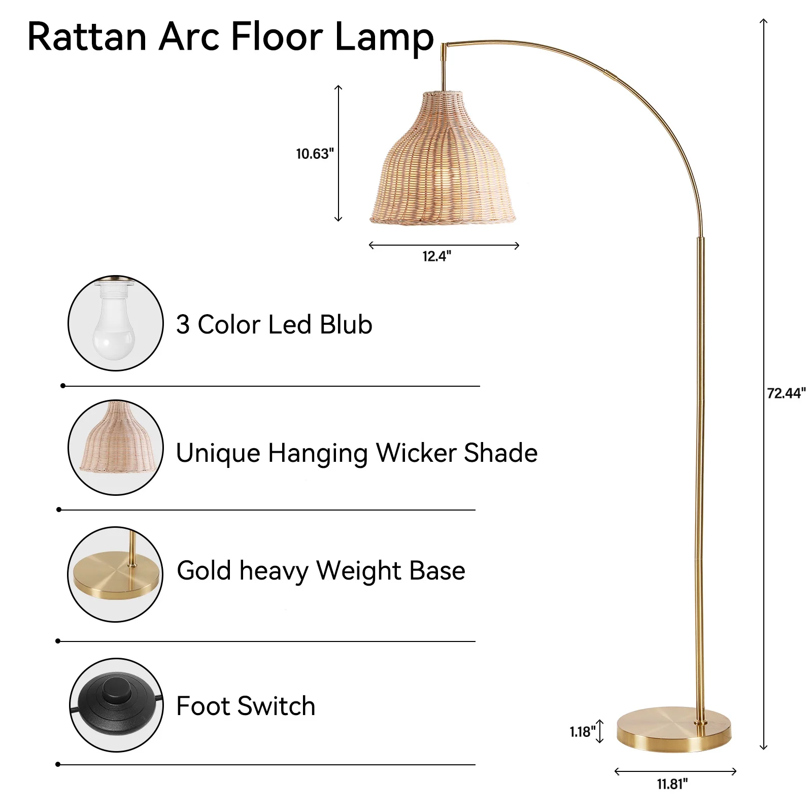 72 inch Arched Rattan Floor Lamp, Fabric Retro Boho Farmhouse Rustic Standing Lamp for Living Room, Bedroom, Office, 9W Foot Switch 3 Color Temperature, Gold(Gold) - Image 6