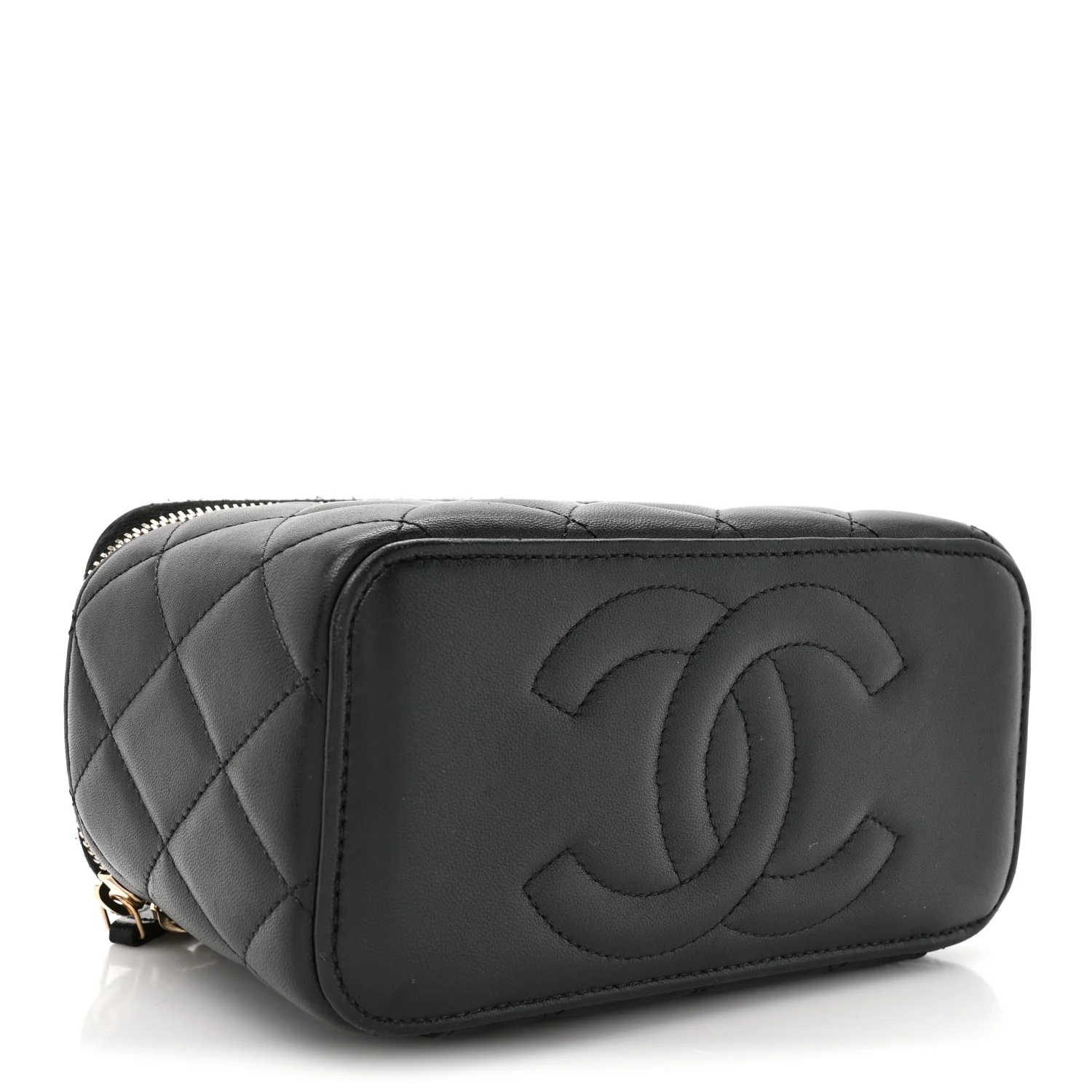 Lambskin Quilted Small Top Handle Vanity Case With Chain Black