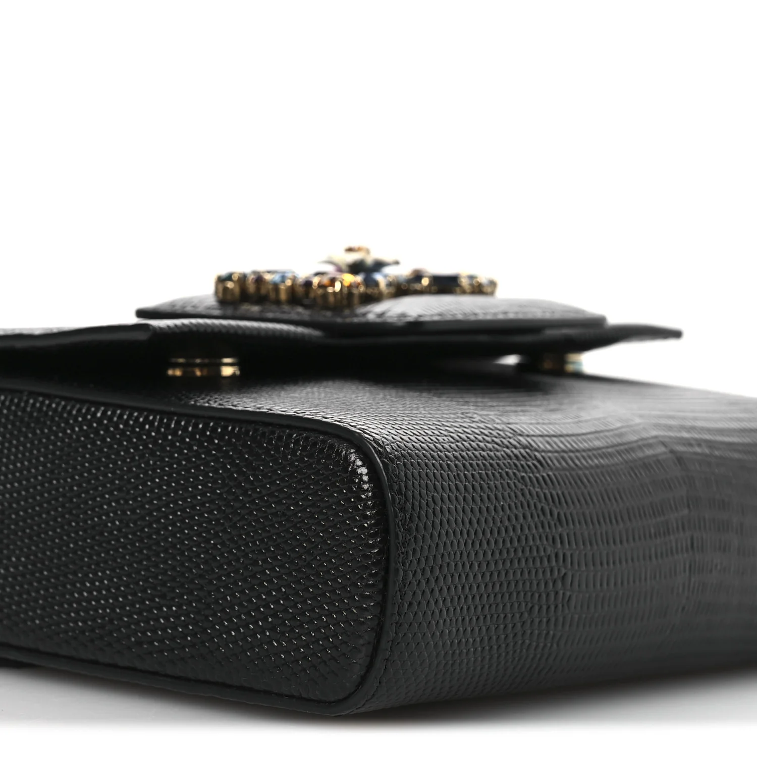 Lizard Embossed Crystal Embellished DG Millennials Mini Crossbody Bag Black