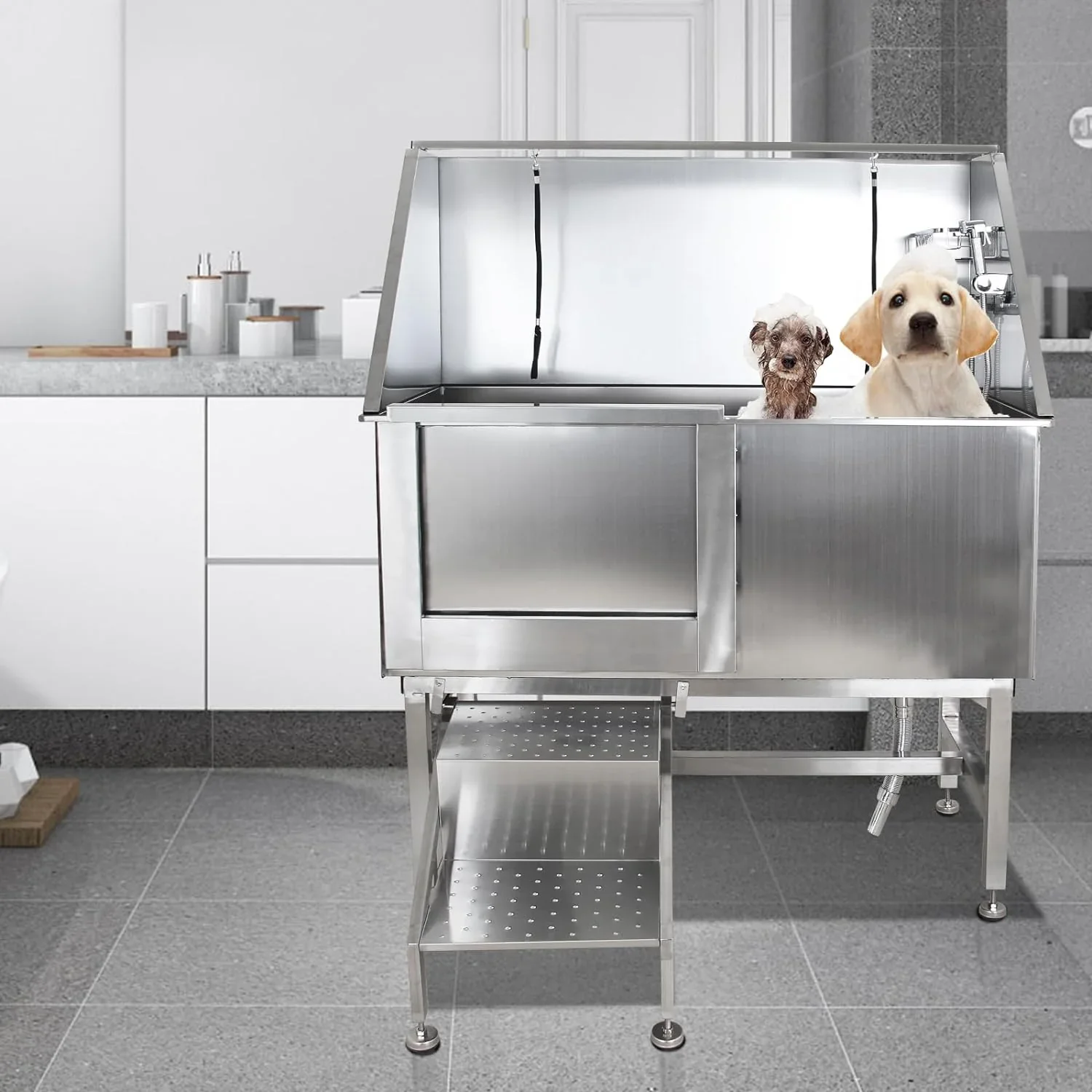 Baignoire professionnelle en acier inoxydable pour chiens avec rampe, robinet et douchette – Station de lavage pour animaux de compagnie de 127 cm (50 pouces)