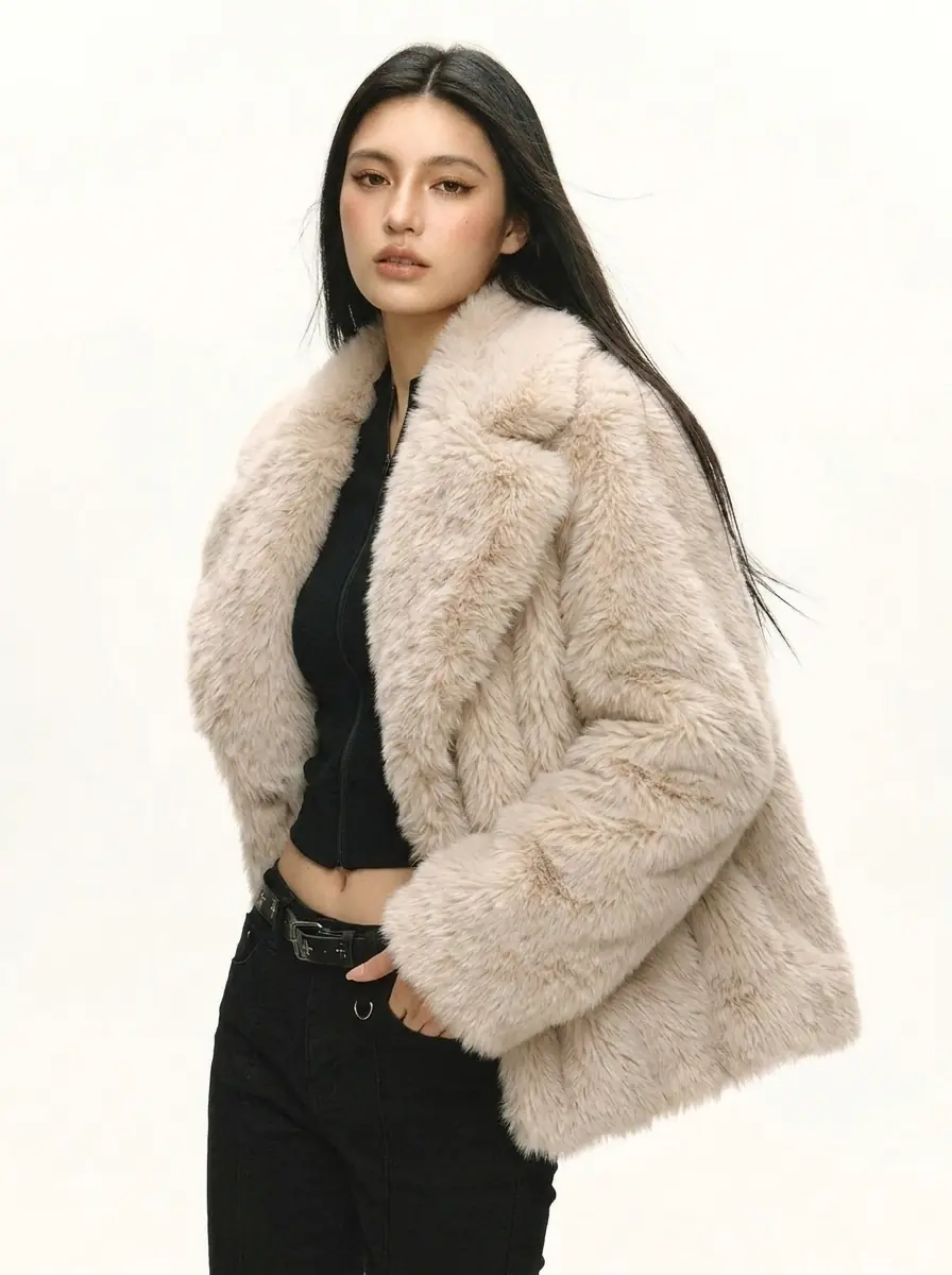 Woman wearing a beige faux fur jacket in a three-quarter view