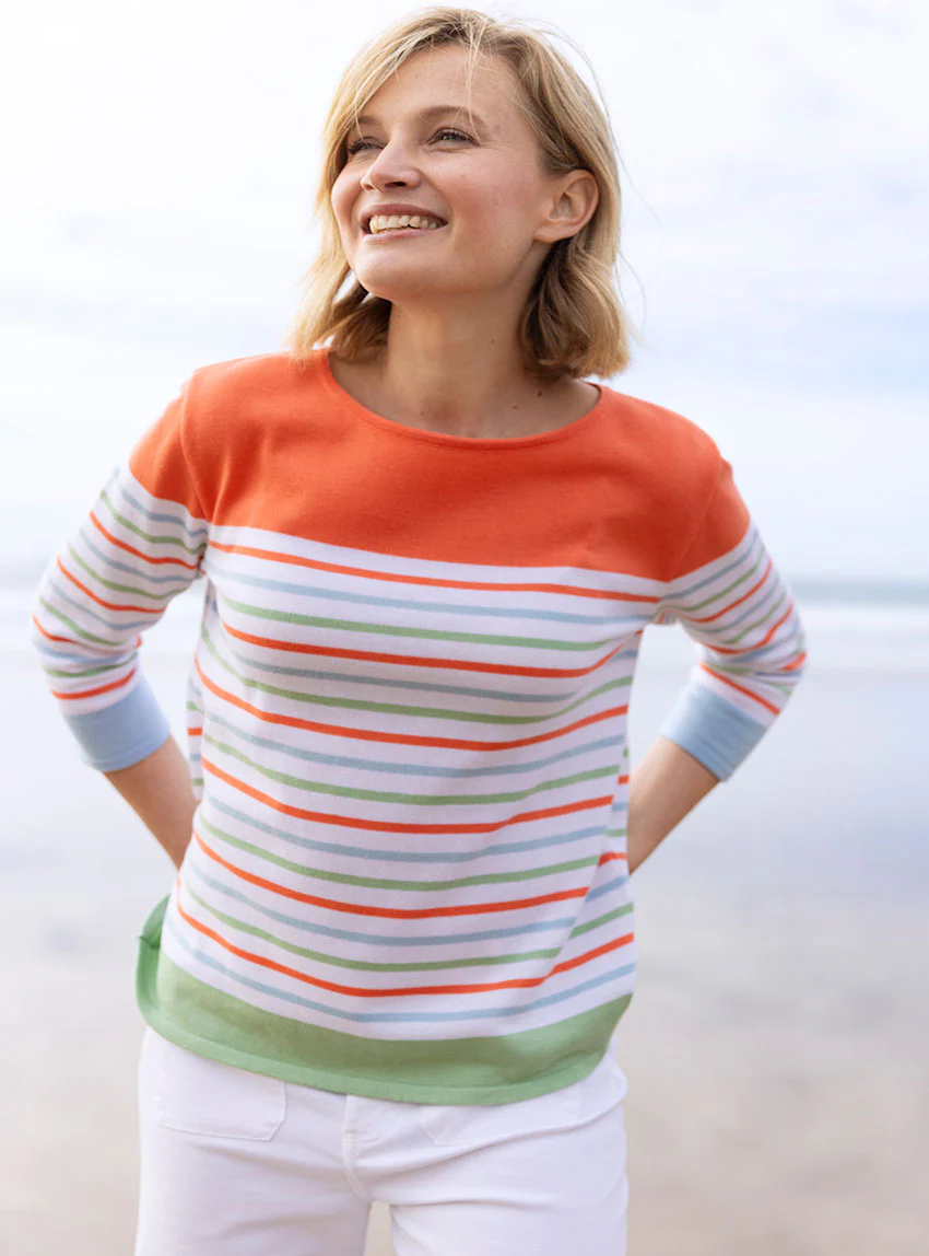 Pull femme rayé en coton orange melon
