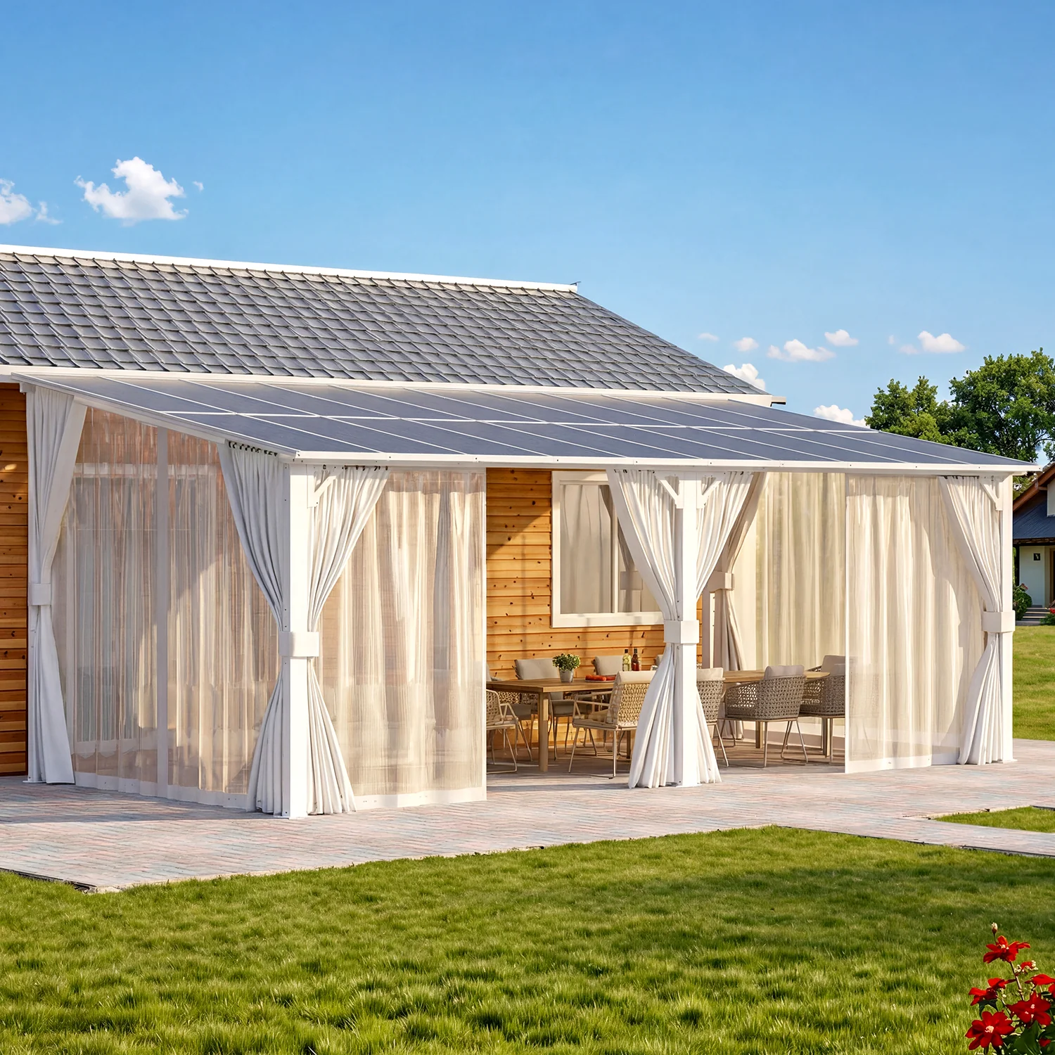 AECOJOY 20'x10' Wall Gazebo with Curtains and Mosquito Netting, White