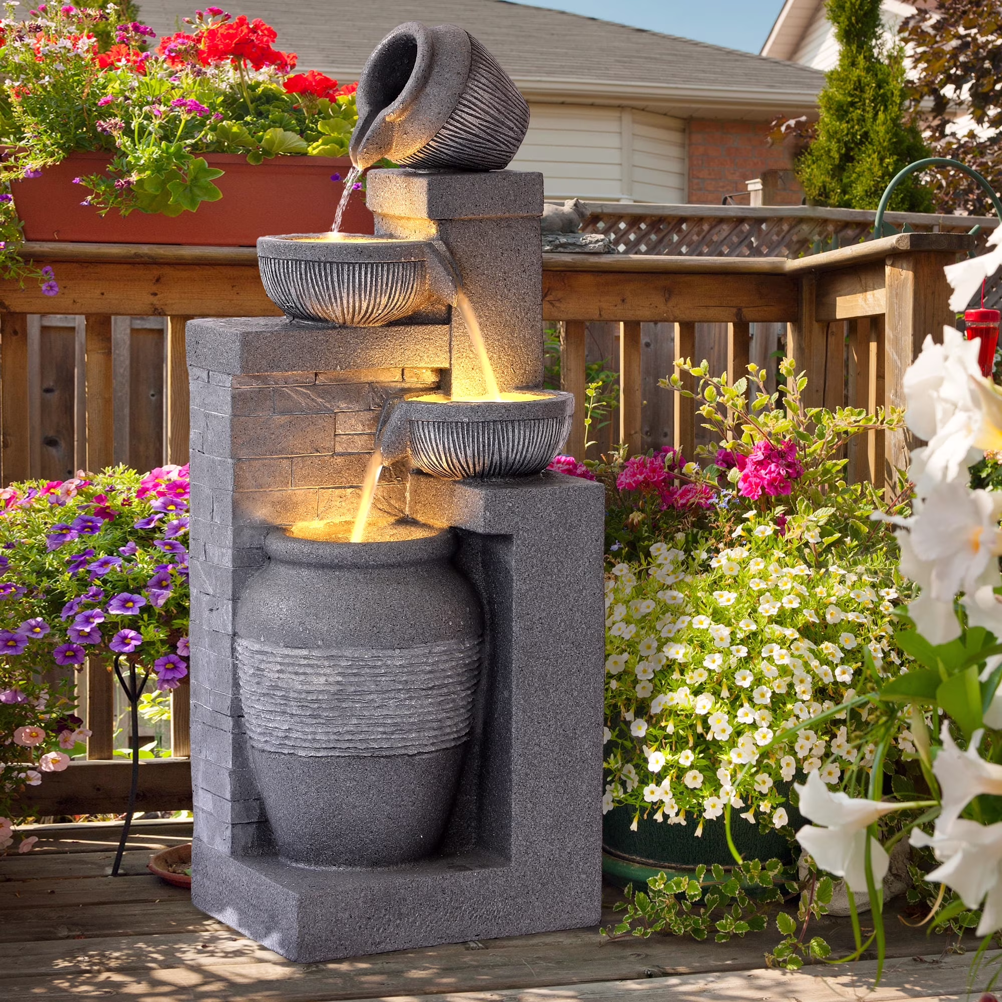 Magic Union Outdoor 4-Tiers Water Fountain, Garden Cascading Waterfalls Fountain with LED Lights, 32 H Modern Indoor/Outdoor Bowl Waterfall Feature Water Fountains for Garden, Patio, Yard Decor