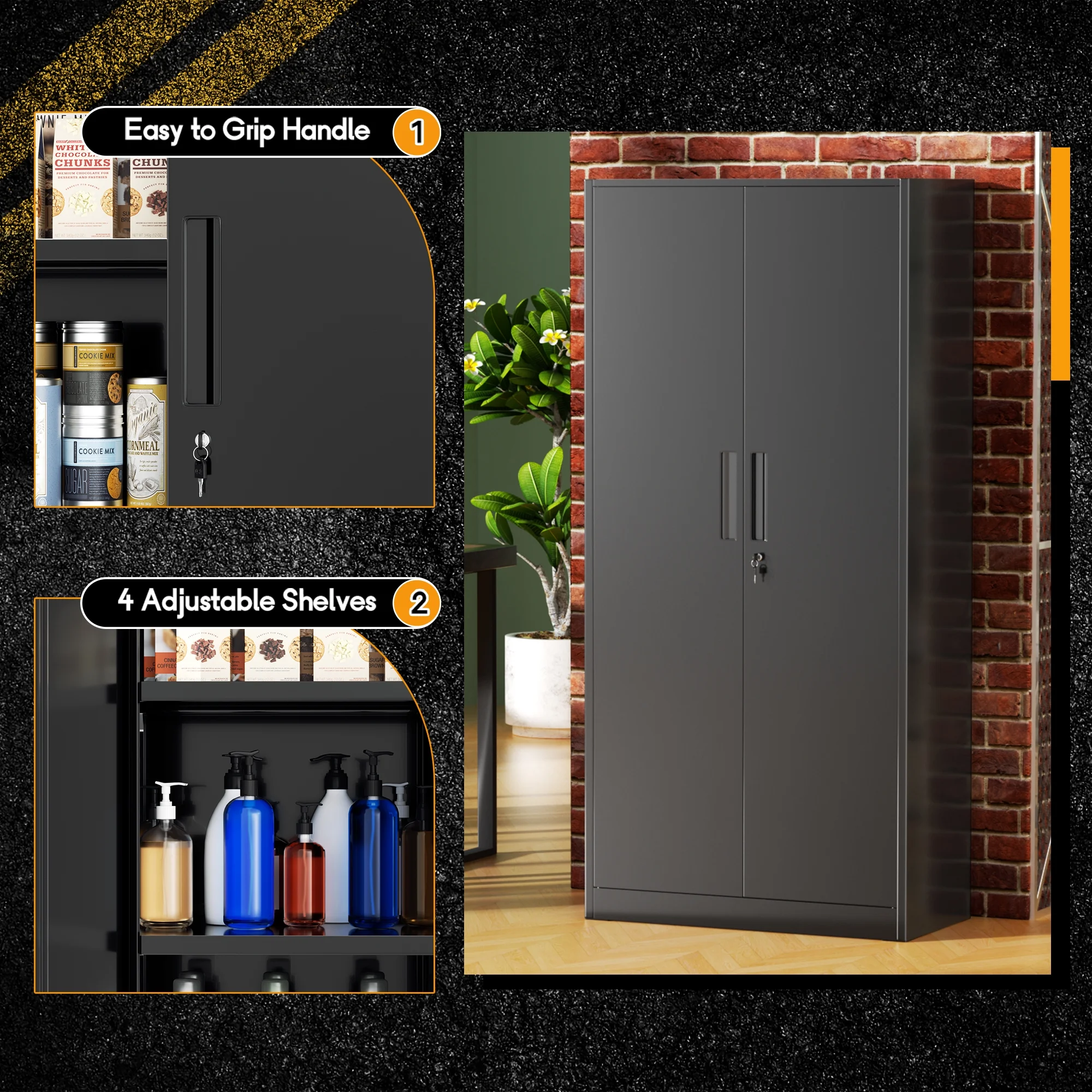 71" Metal Garage Storage Cabinet with Locking Doors and Adjustable Shelves for Home, Office(Black)(Black) Image 8