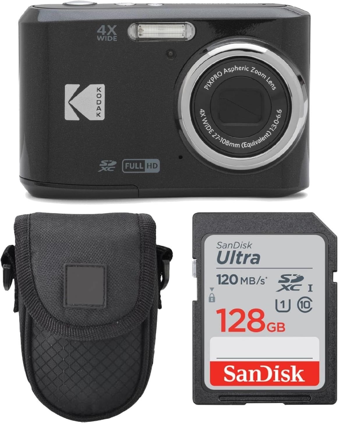 Kodak PIXPRO FZ45 Digital Camera (Black)  Point & Shoot Camera Case  Sandisk 128GB SDXC Memory Card