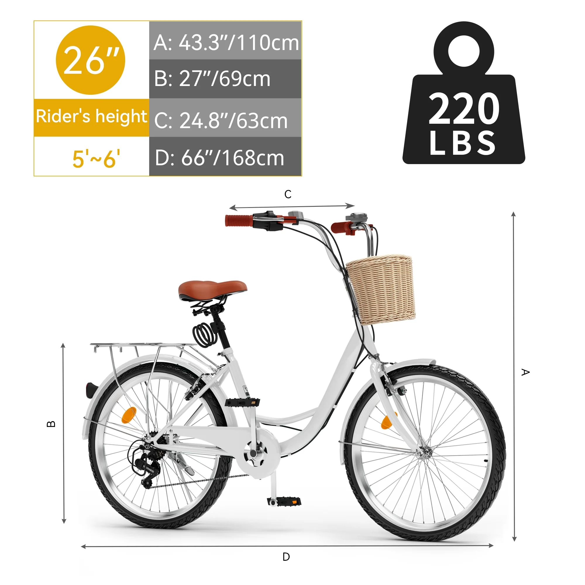 Dextrus 26 in Beach Cruiser Bike for Women - 7 Speed Commute Bike for Adults - Womens Bicycle with Adjustable Seat in White