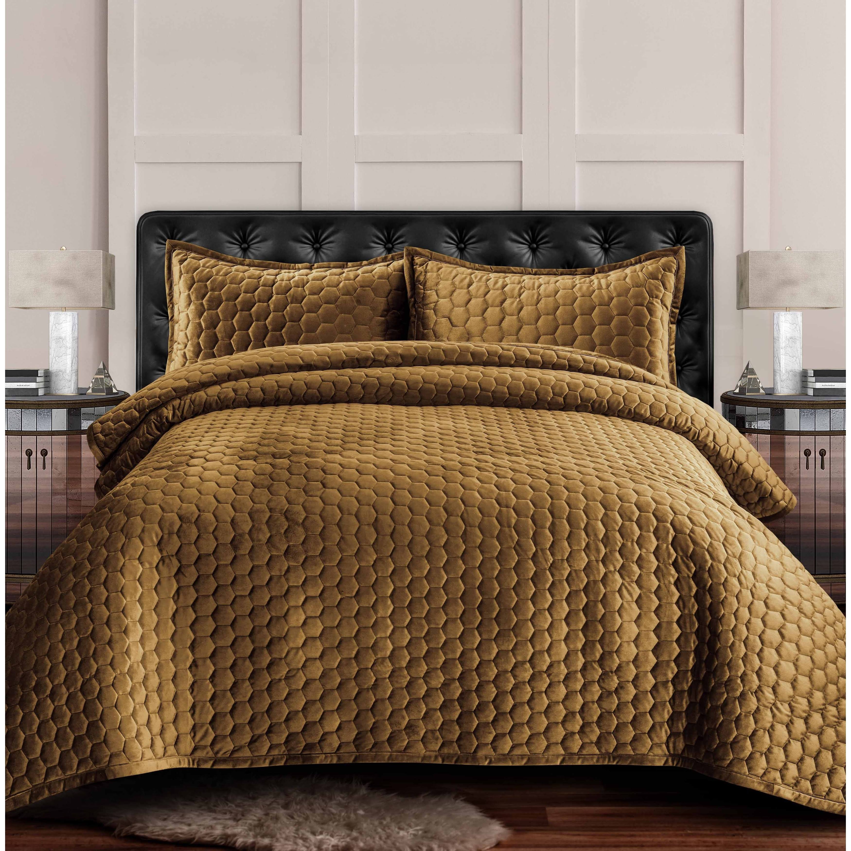 Lugano Honeycomb Velvet Oversized Solid Quilt Set Camel Twin 2 Piece