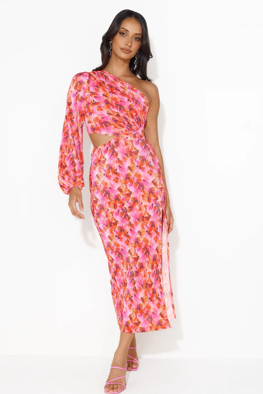 Star Show One Shoulder Plisse Midi Dress Pink