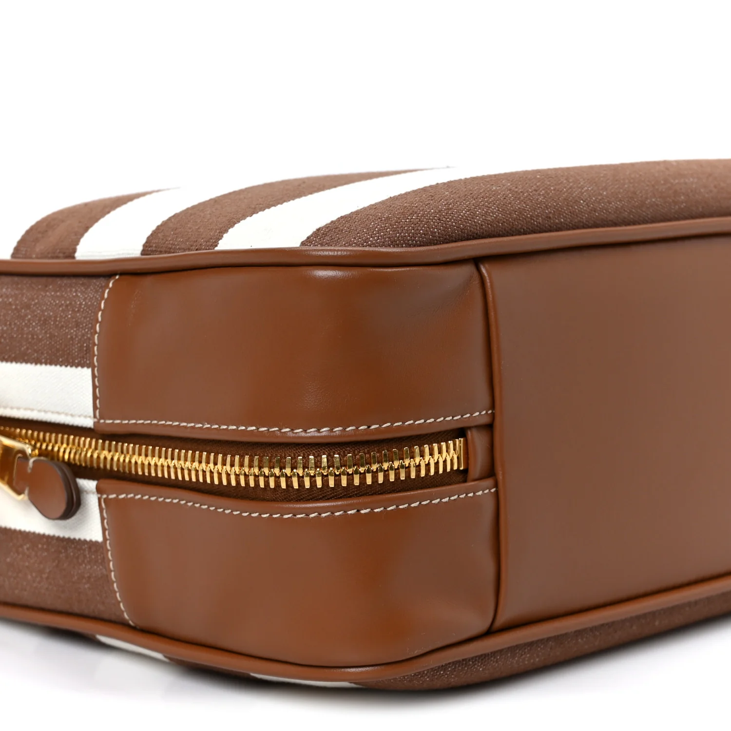 Canvas Calfskin Striped Large Beau Top Handle Bag Naturale Brandy