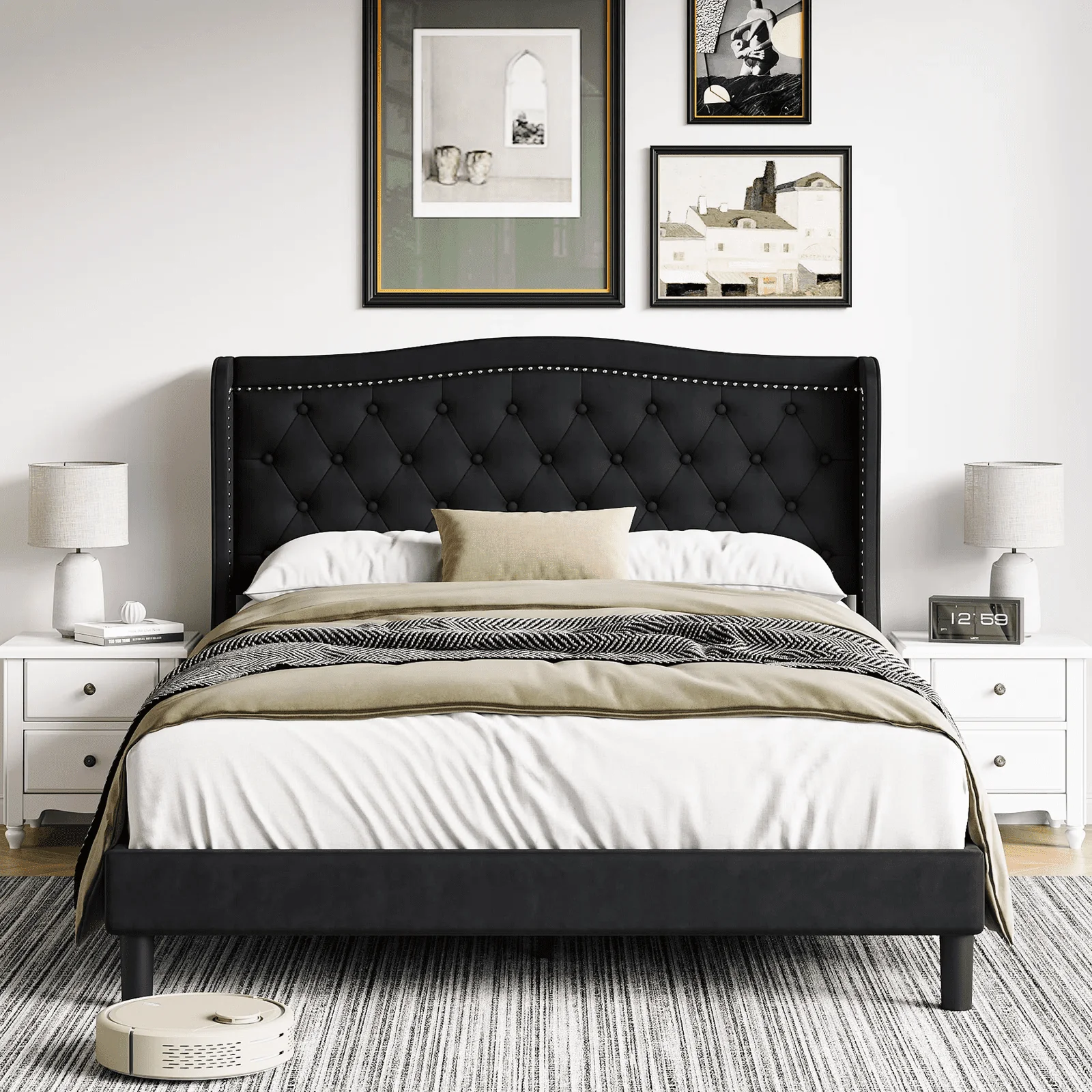 Homfa Queen Bed Frame, Wing-Back Button Tufted Upholstered Headboard, Modern Platform Bed Frame with Wood Slat Support for Bedroom, Black(Full/Beige)
