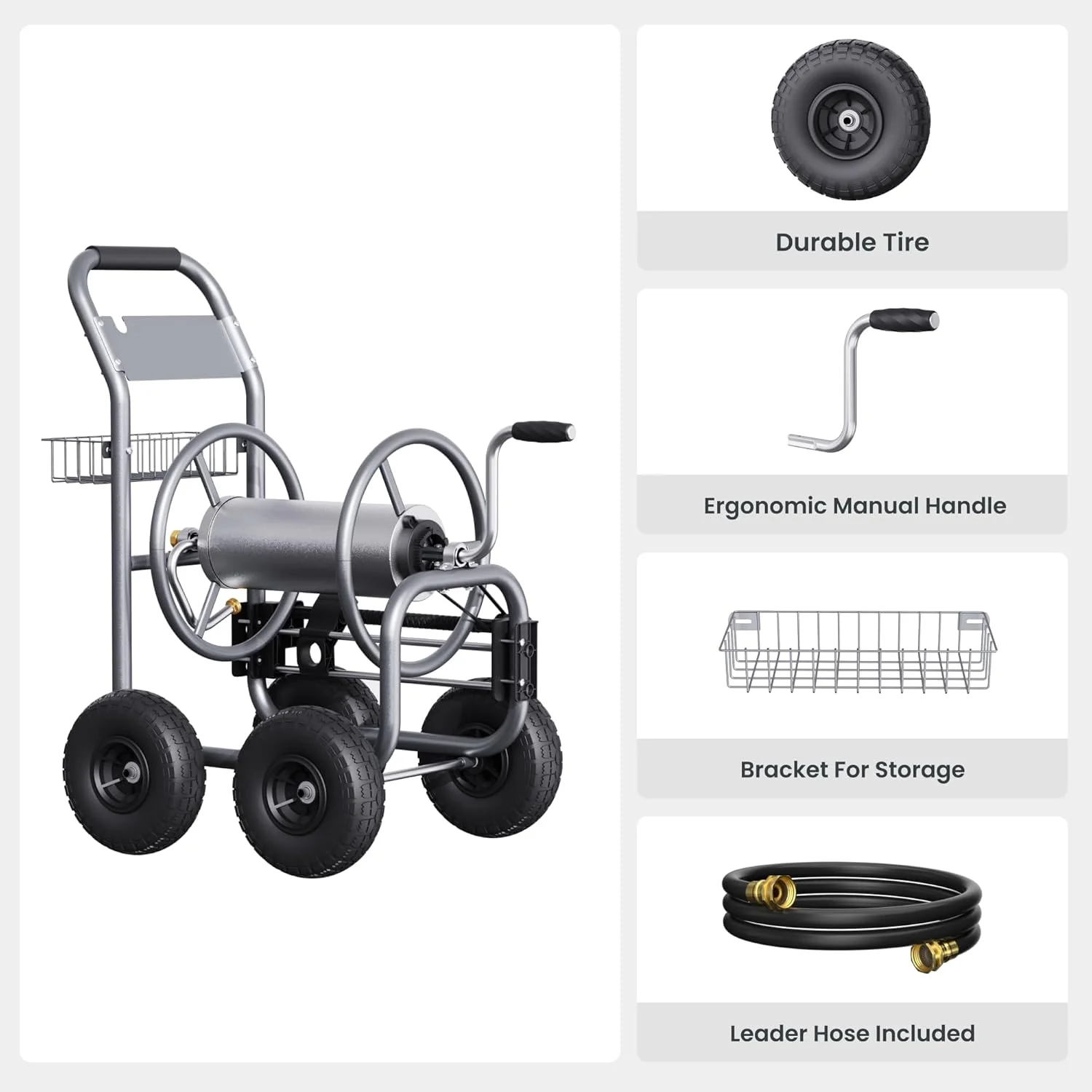 Heavy Duty Industrial Garden Hose Reel Cart with Wheels, 5/8in-250ft Hose Capacity - Image 2