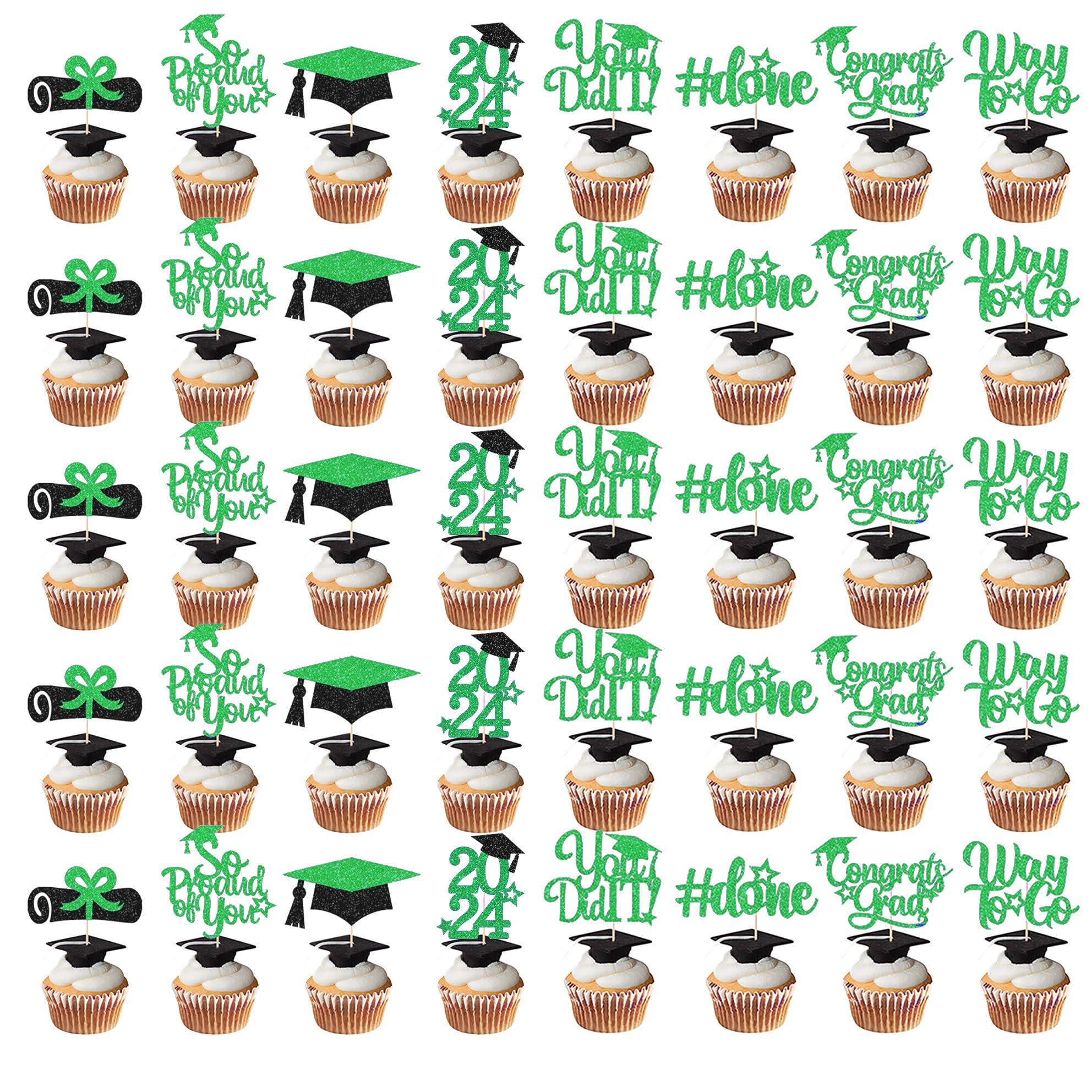 40pcs Graduation Cupcake Toppers 2024 Green and Black Glitter Class of 2024 Graduation Cupcake Toppers,BYCCT Grad Cap Cake Toppers Picks,graduation