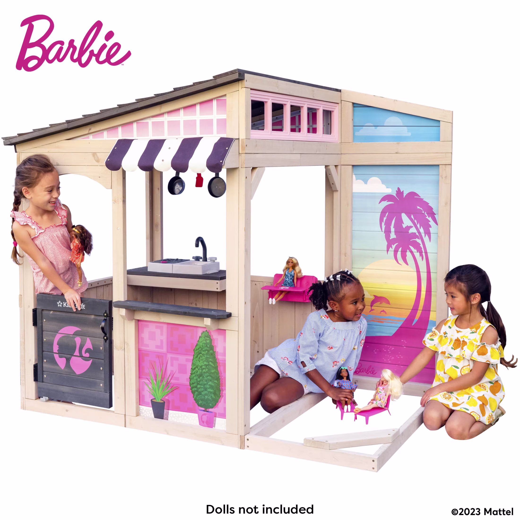 Kidkraft Barbie™ Seaside Wooden Outdoor Playhouse with Attachable Doll Table and Chairs