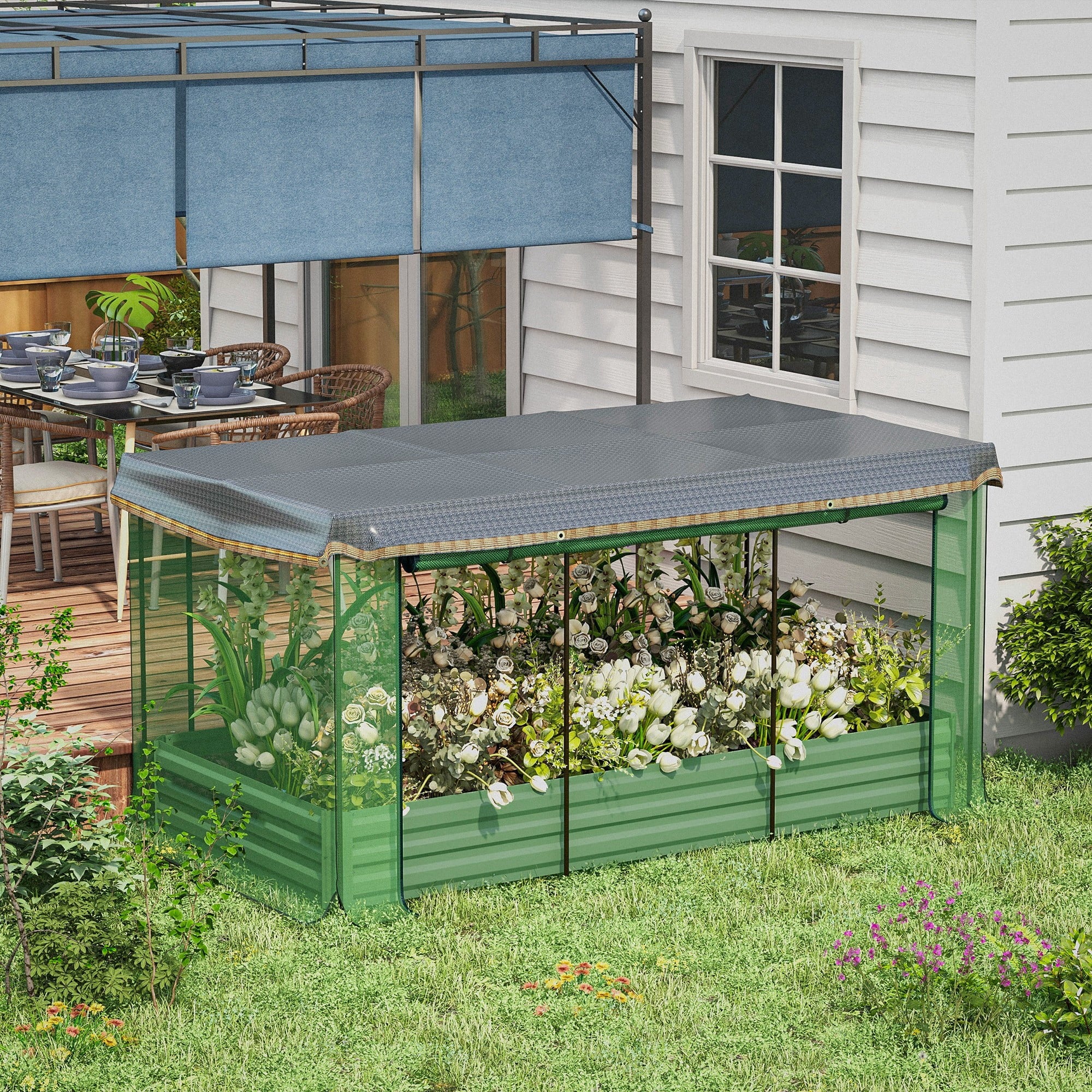 Outsunny Galvanized Raised Garden Bed with Crop Cage & Shade Cloth, Beige