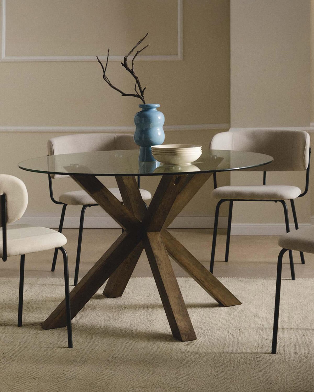 Set Vuoto - Bonse - Set de Mesa de Comedor Redonda de Cristal (Ø120 cm) Vuoto y 4 Sillas de Tela Bonse
