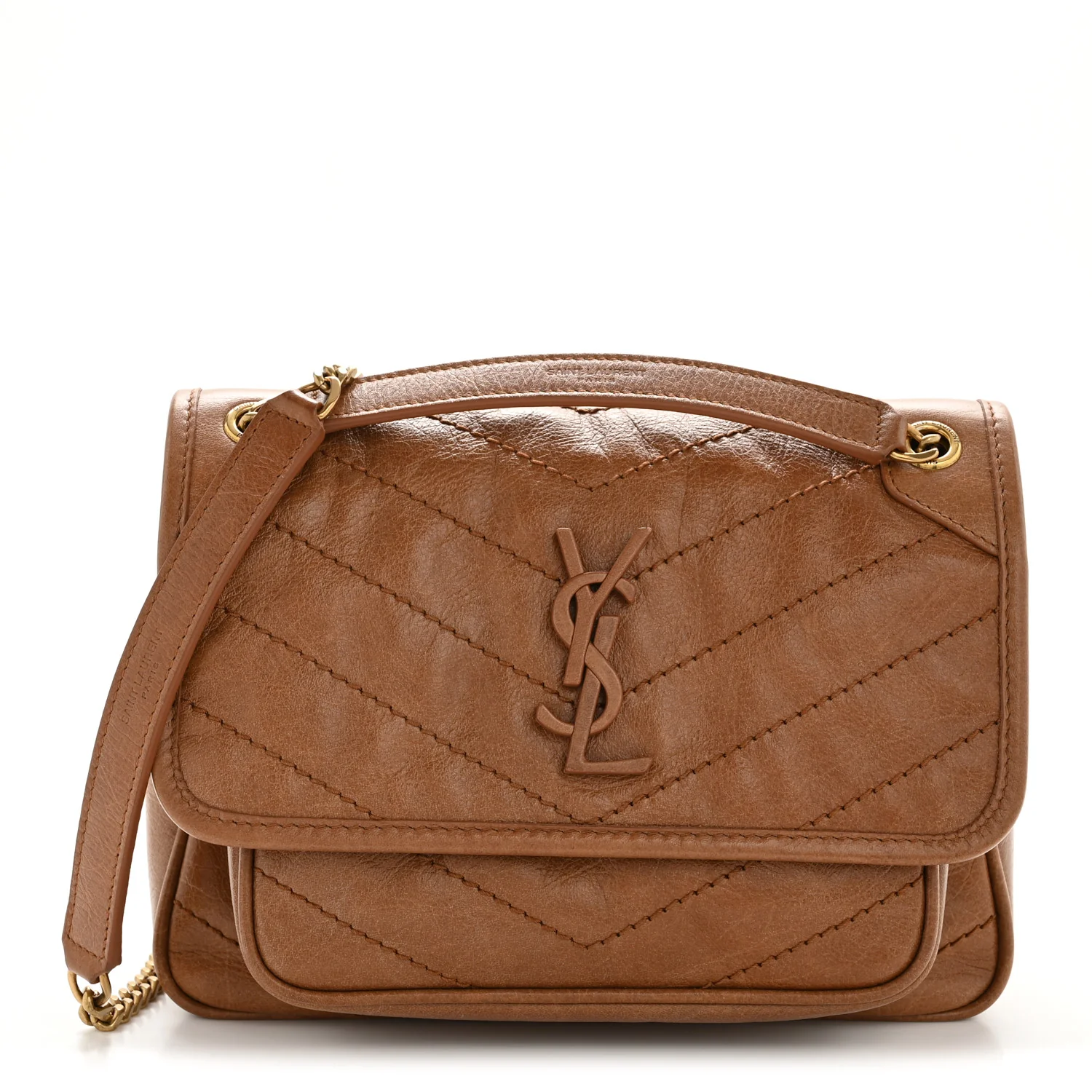 Crinkled Calfskin Matelasse Monogram Baby Niki Chain Satchel Light Caramel