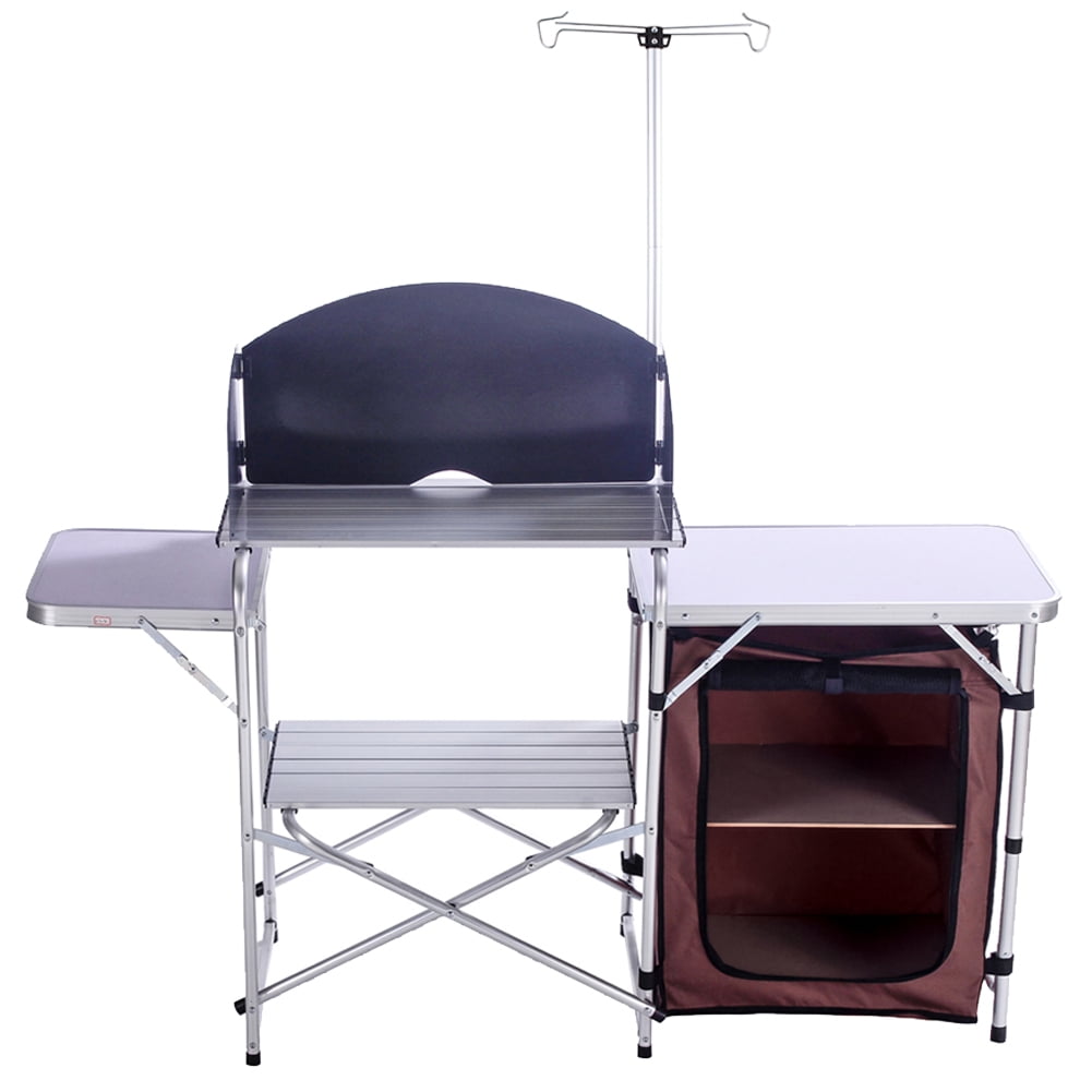 Folding Cooking Table Outdoor Portable Cook Station Aluminum Camping Kitchen with Storage Organizer.Silver
