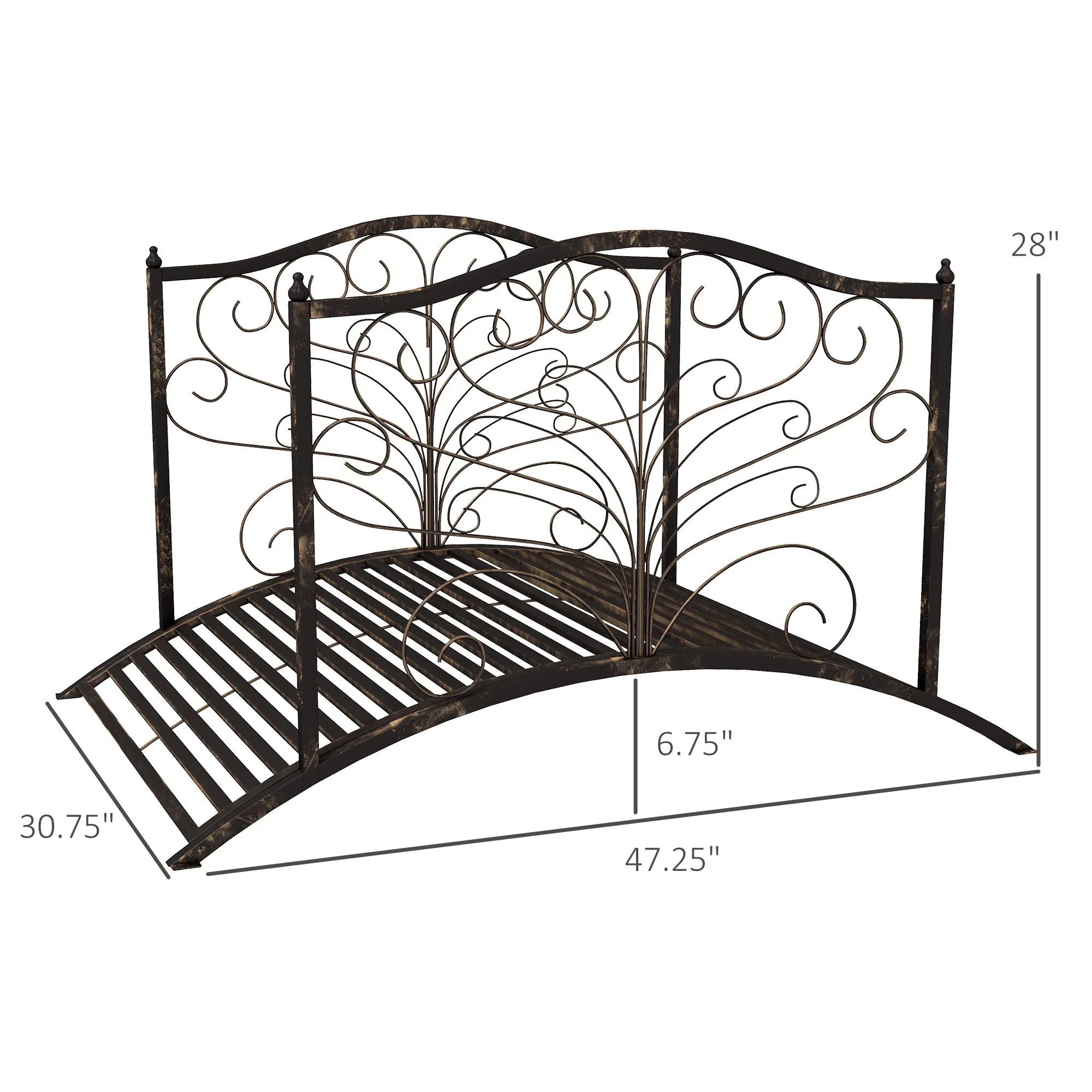 4�� Metal Arch Backyard Garden Bridge with Safety Siderails, Delicate Scrollwork