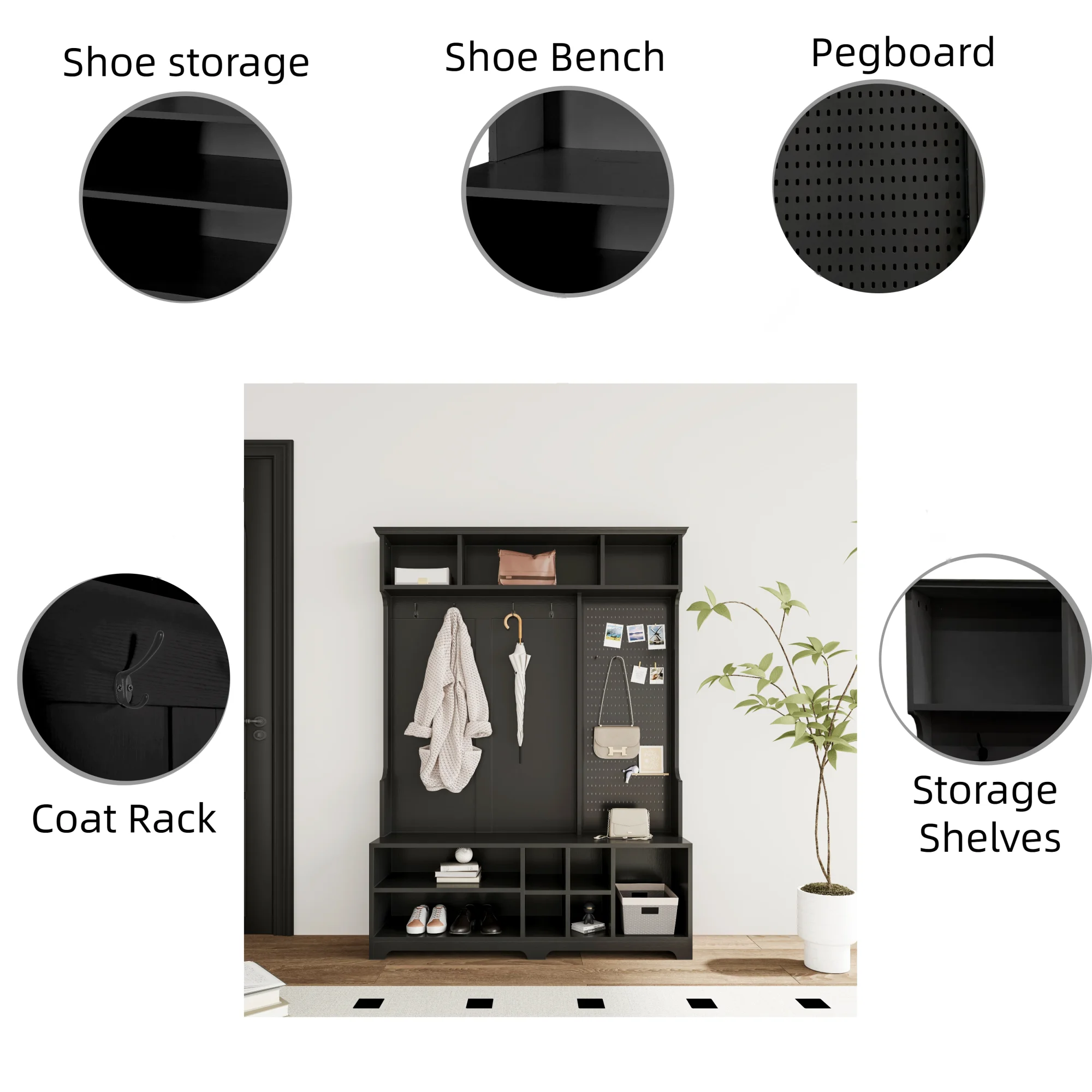 Heyizhuo Hall Tree with Shoe Bench, Coat Rack ,Shoe Storage ,Storage Shelves and Pegboard Black(Black)