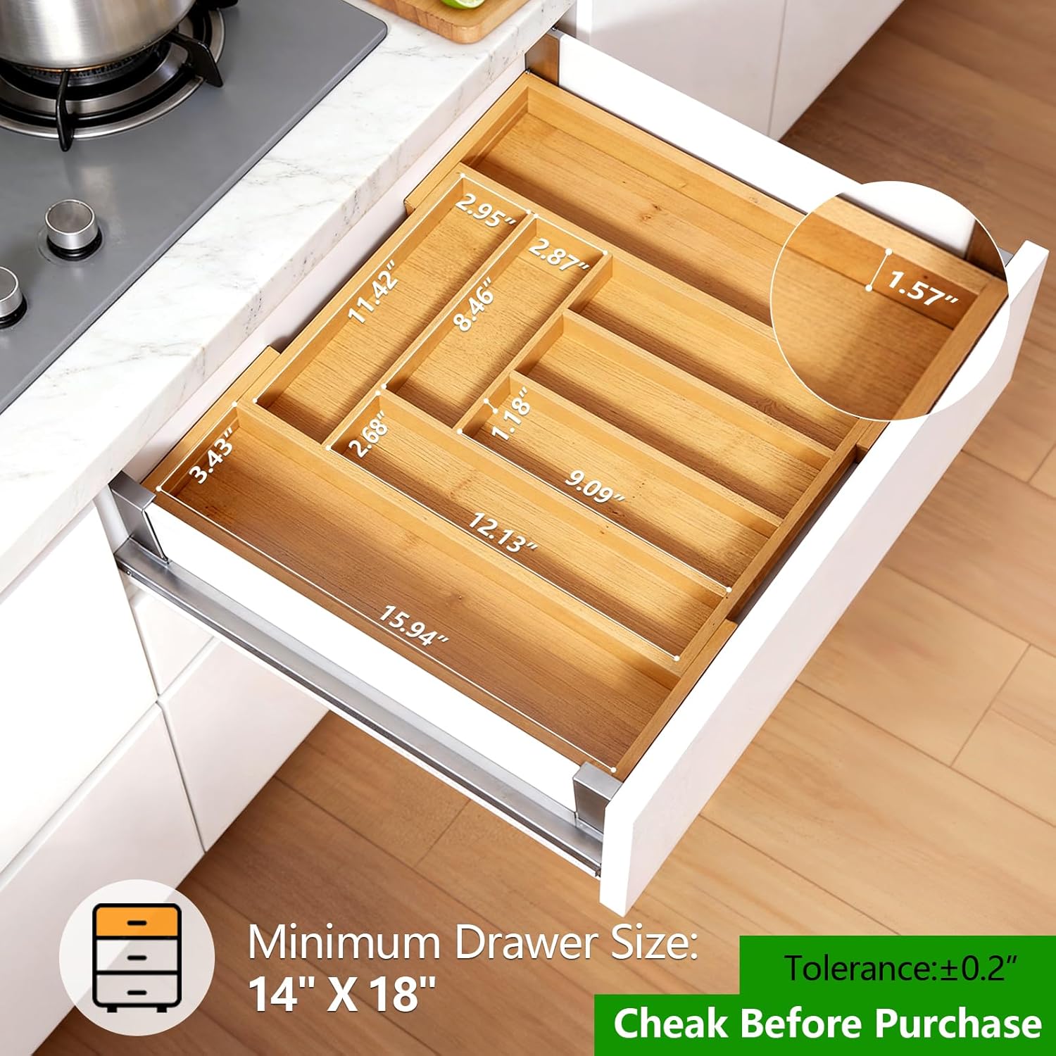 Pipishell Bamboo Expandable Silverware Drawer Organizer, Adjustable Kitchen Utensil Tray for Forks, Spoons and Knives, Wooden Cutlery Storage Holder for Bedroom and Living Room