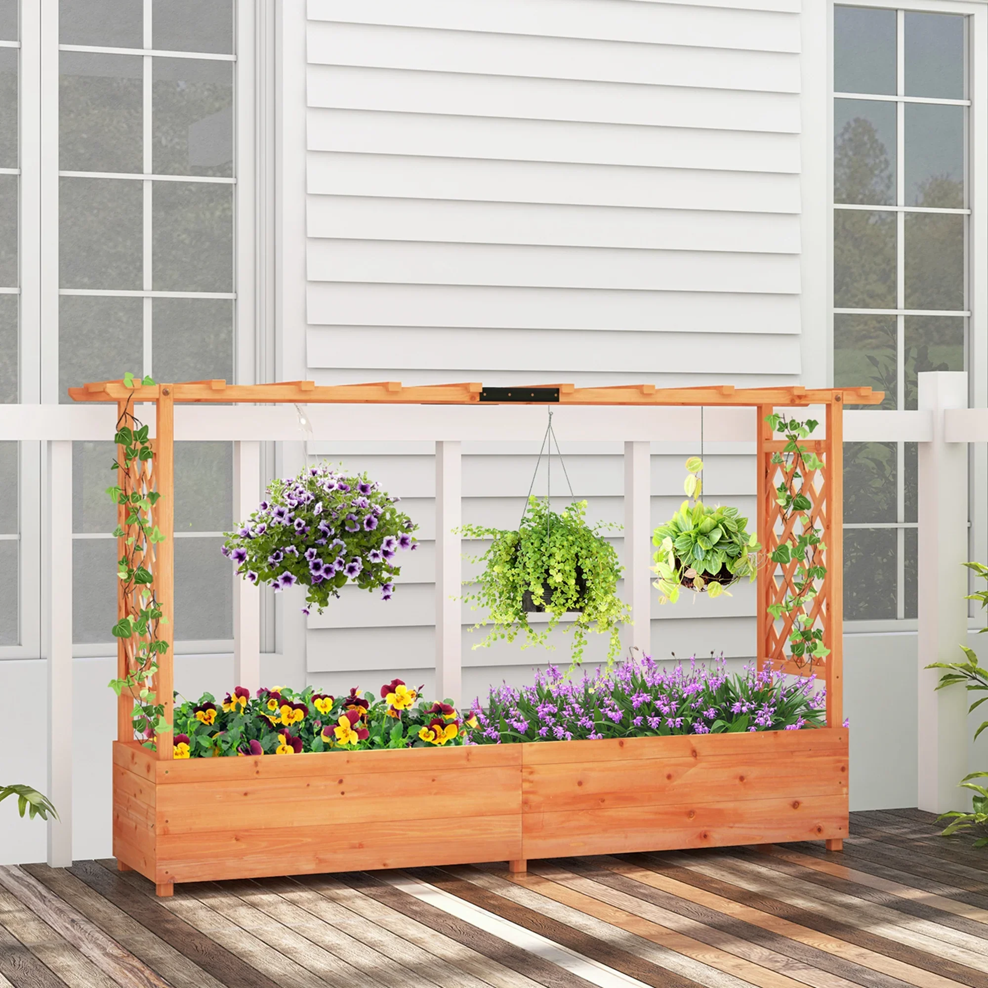 Costway 1 PCS Raised Garden Bed with Trellis Hanging Roof Planter Box Drainage Holes for Patio