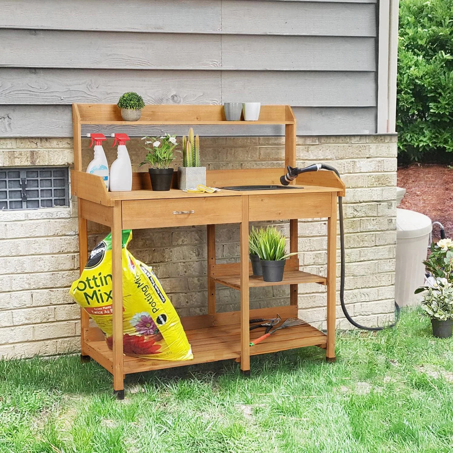 HLL Potting Bench Outdoor Garden Work Bench Station Planting Solid Wood Construction for Horticulture W/Sink Drawer Rack Shelves Natural Wood