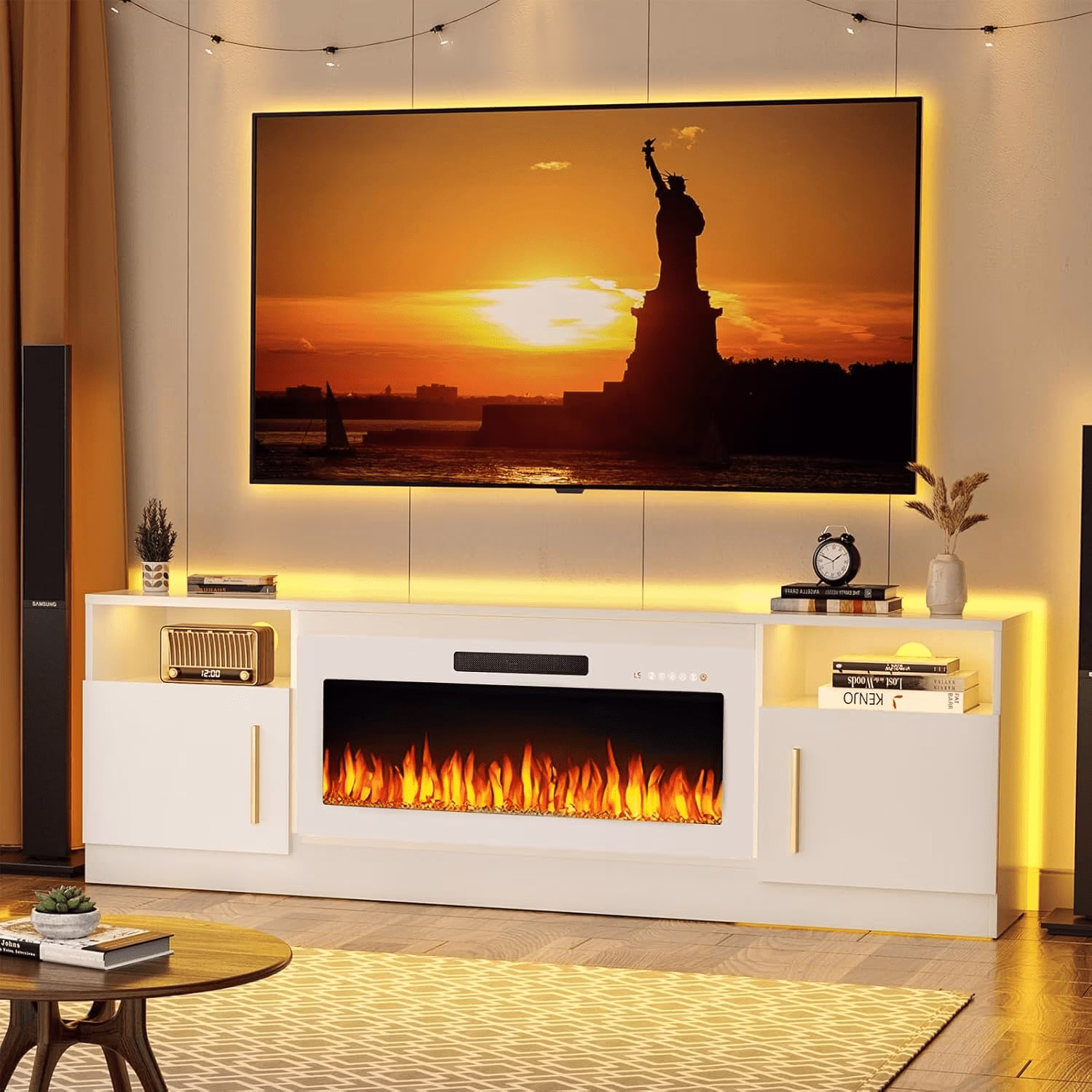 Fireplace TV Stand with 18'' Fireplace for TVs up to 65 inch, Two Adjustable Glass Shelves(58"/White) - Image 7