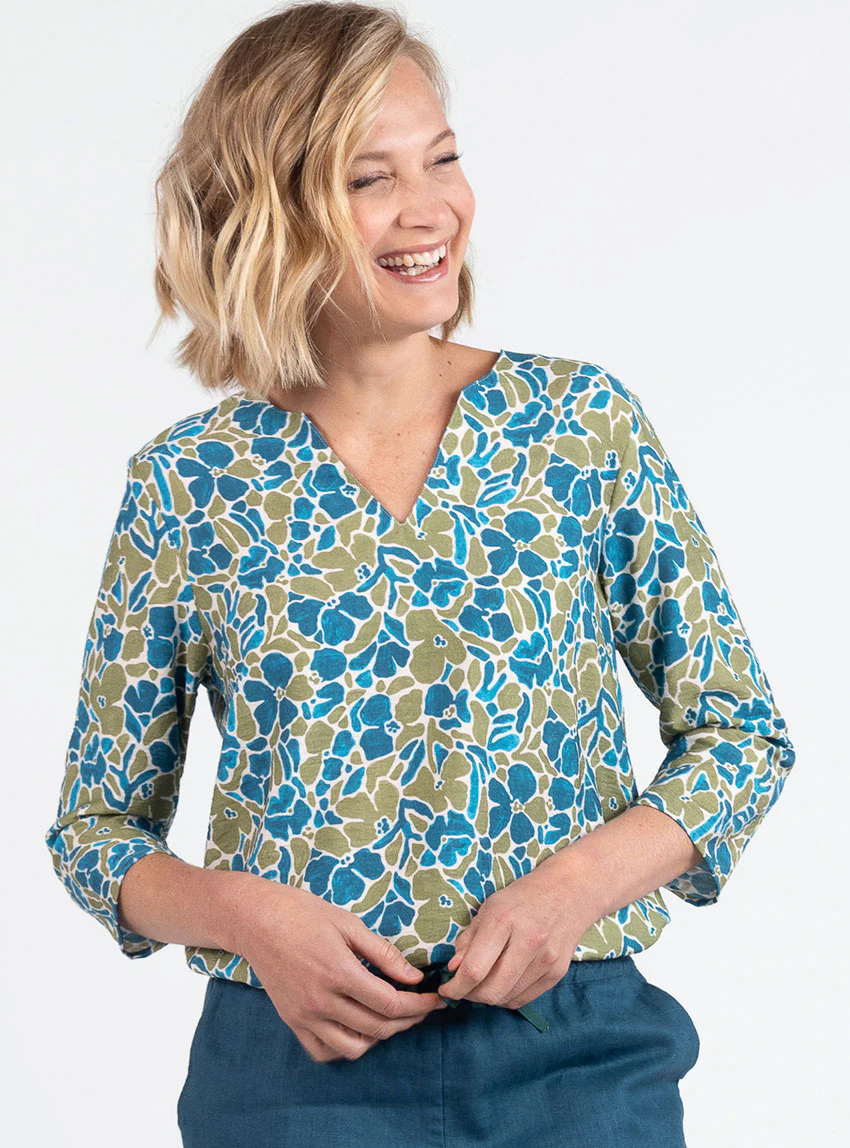 Blouse femme viscose floral bleu paon