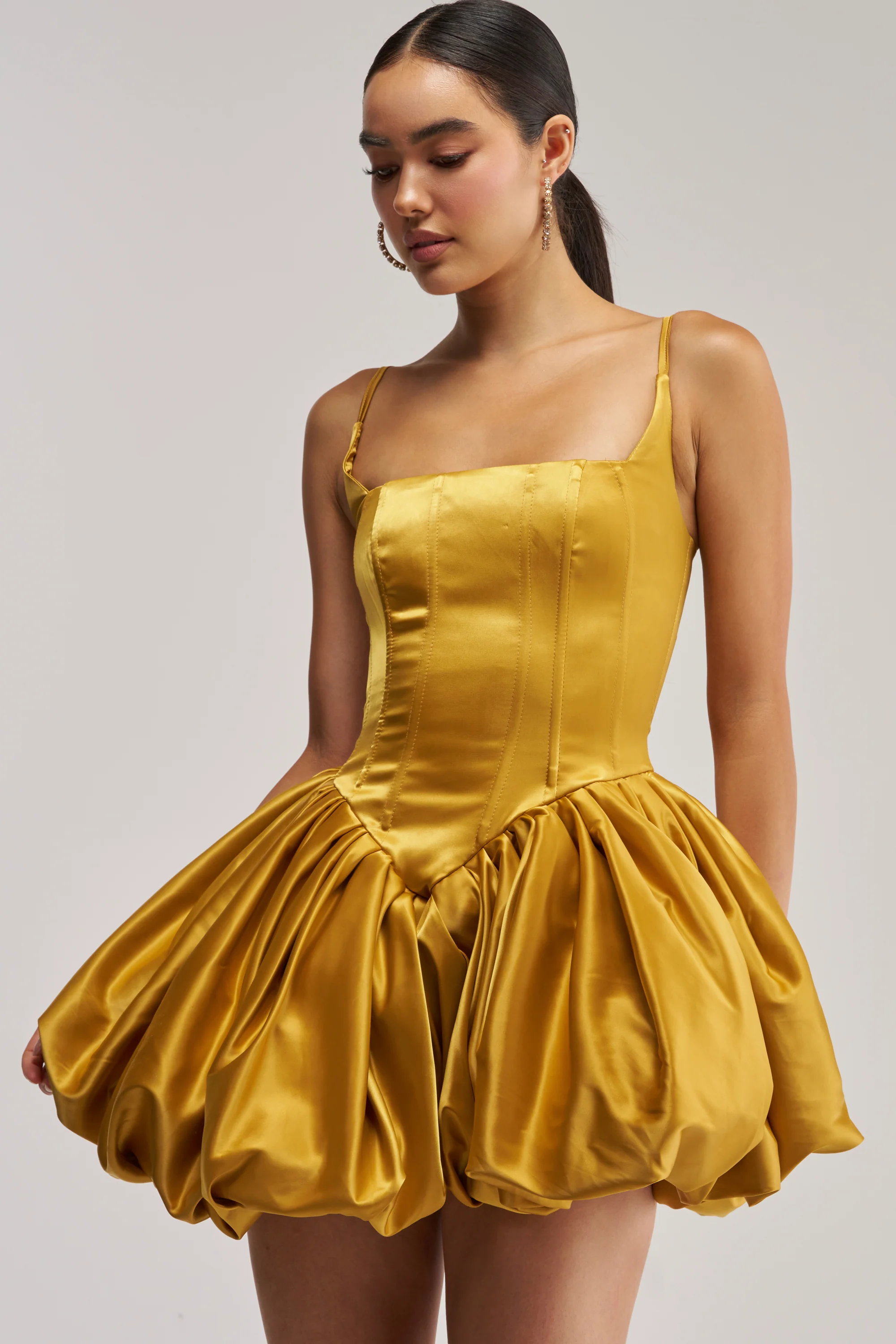 JULIET SATIN MINI DRESS IN MUSTARD - Akira Store