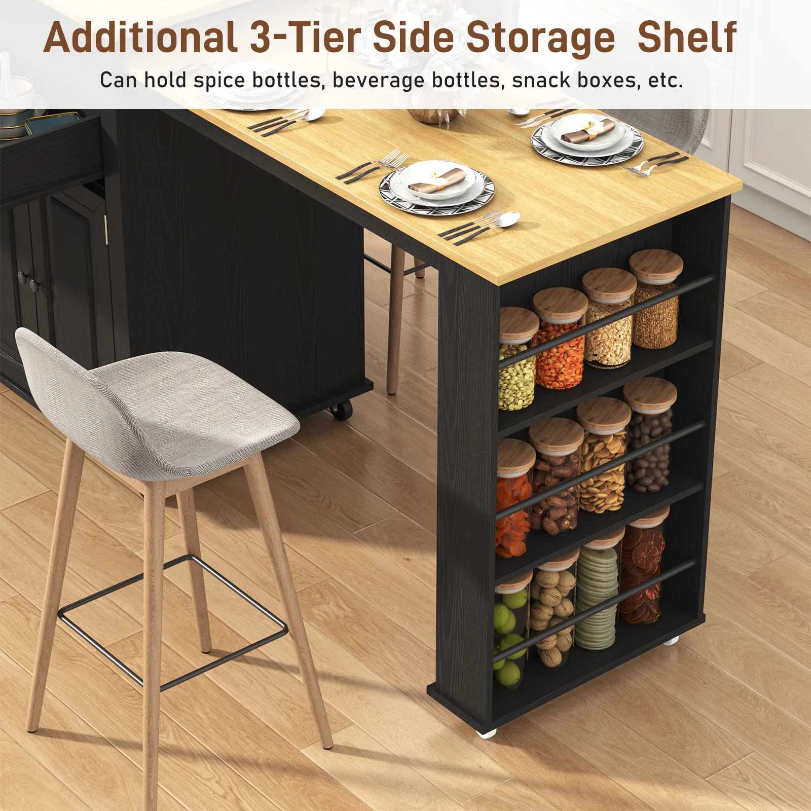 Large Kitchen Island with Extendable Dining Table and Power Outlet, Rolling Kitchen Island Cart on Wheels with 2 Storage Cabinets 2 Drawers 3 Spice Racks, Island Table for Kitchen(Black) - Image 5