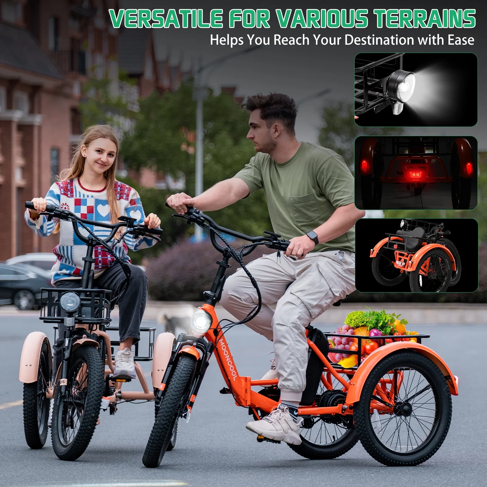 TK1 Folding Electric Tricycle for Adults,48V 14 5Ah Removable battery, 500W(Peak 1000w)Motor, 20" Fat Tire Step Thru 3Wheel Electric Bicycle w/FrontRear Baskets, Certified to UL 2849 by SGS(Orange) Image 6