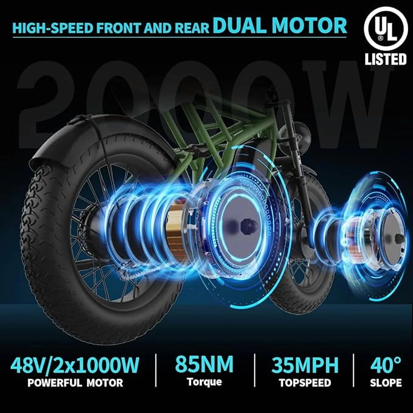 F3 Pro 2000W Dual Motor Electric Bike for Adults, Dual Battery 48V/40Ah, 20"x4.0" Fat Tires Off Road Electric Bicycle with Removable Battery, 34MPH68 Long Range E Bike UL2849 - Image 4