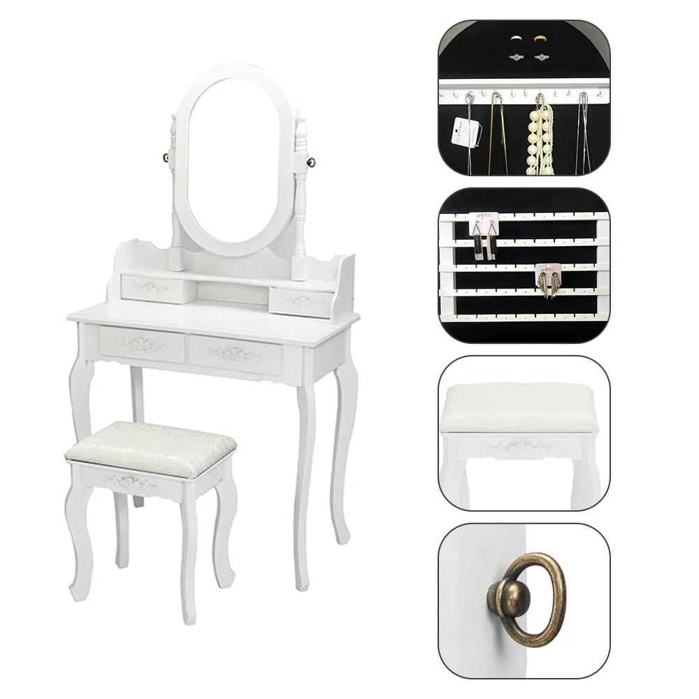 Vanity Jewelry Wooden Makeup Dressing Table Set W/Stool Mirror Cabinet 4 Drawer - Image 7