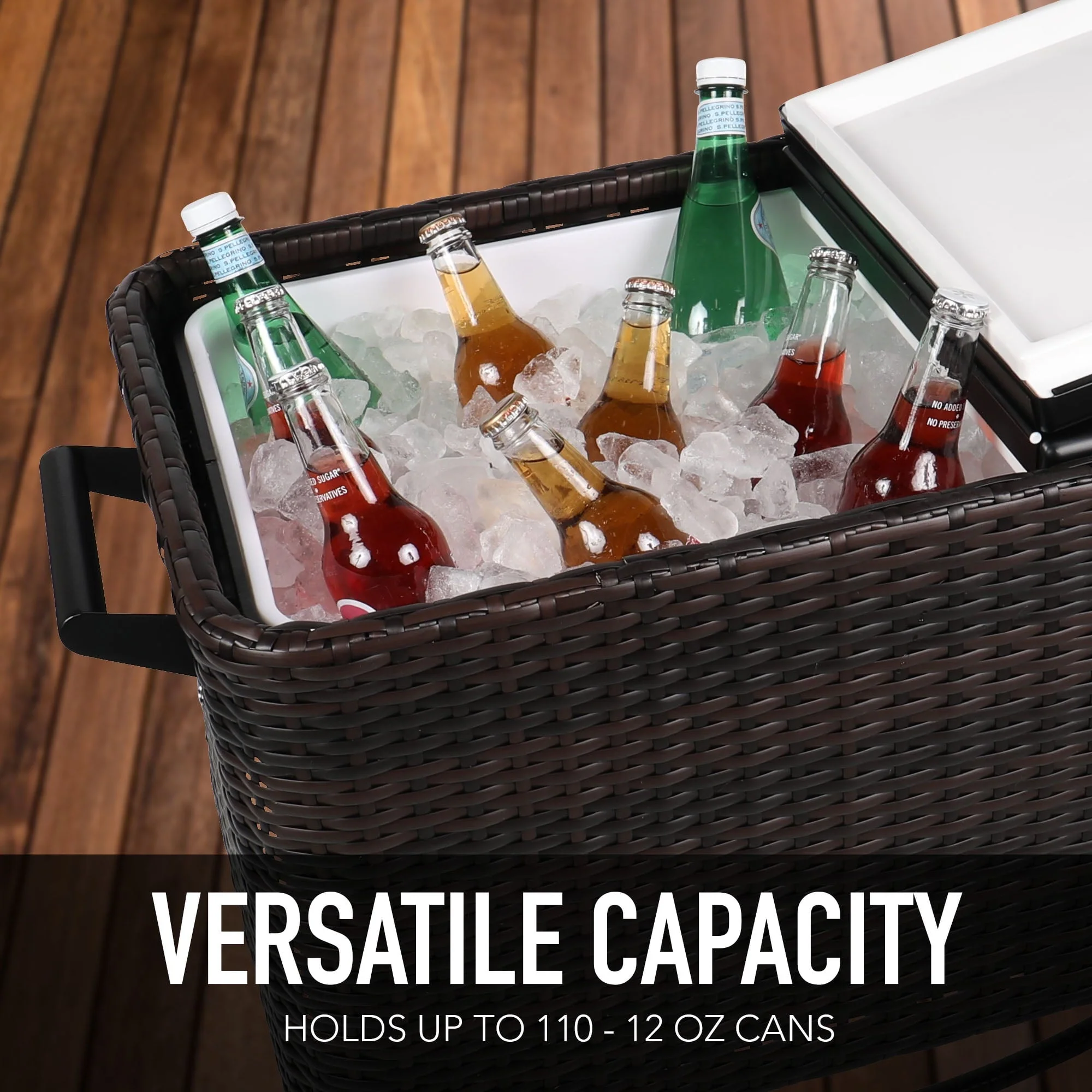80-QT Wicker Outdoor Patio Cooler, Hand-Woven Wicker Cooler Cart, Rolling Cooler on Wheels with Handle, Brown - Image 9