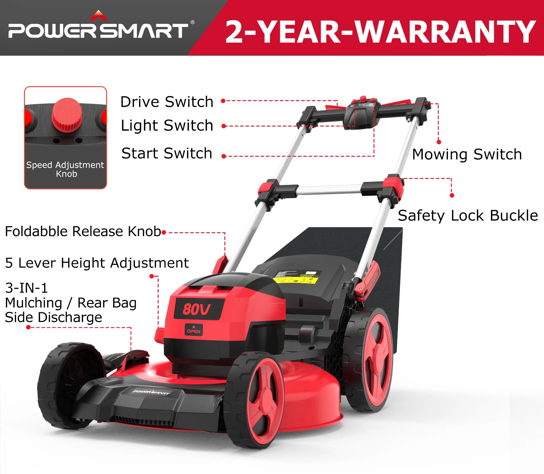 80V 22-inch Self-Propelled Cordless Lawn Mower with 6.0Ah Battery and Charger - Image 2