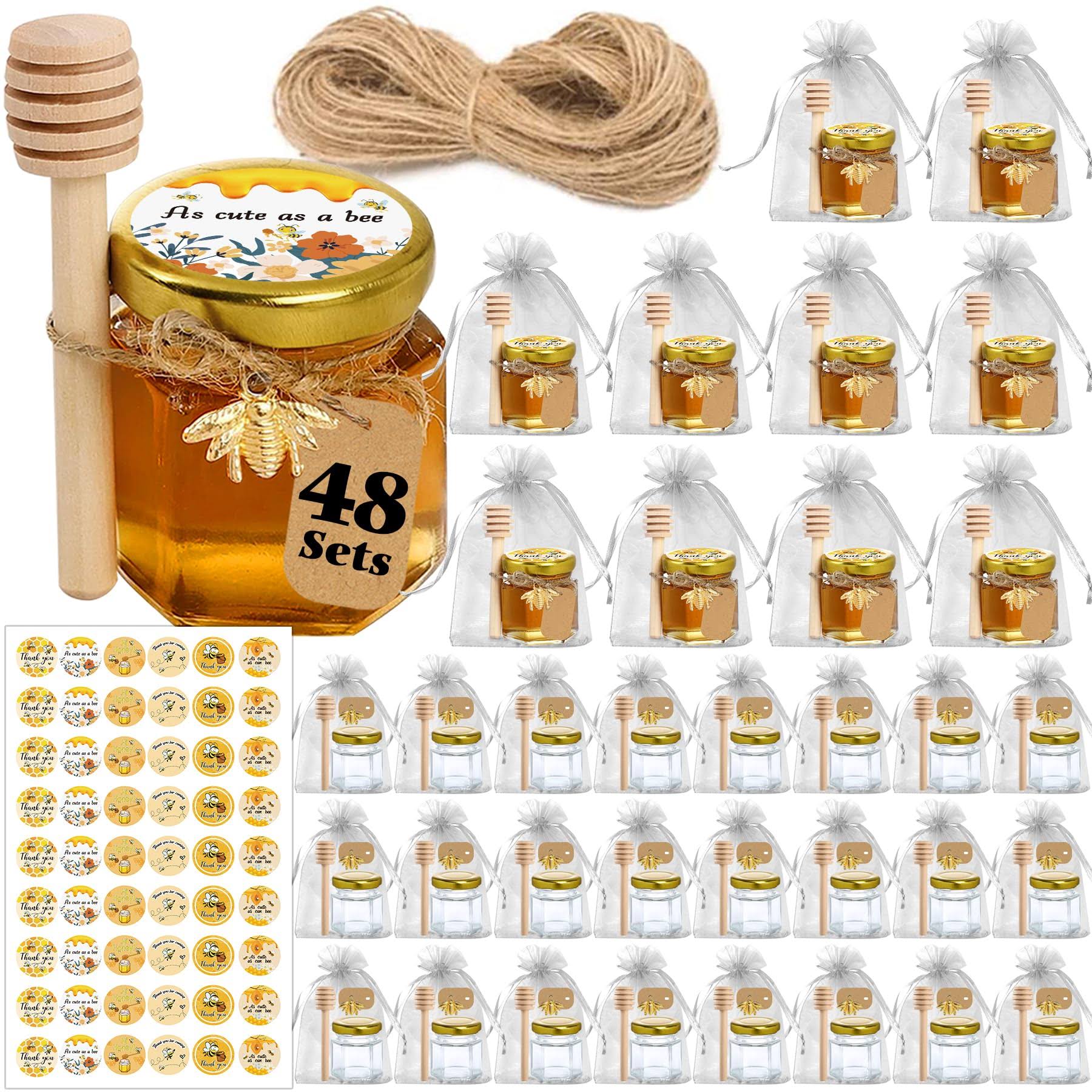 Aliggbent Honey Jars, 48 Pack Mini Honey Jars Party Favors in Bulk, 1.5 oz Small Hexagon Glass Honey Jars with Dipper,bee Stickers, Gold Lid, Cute Be