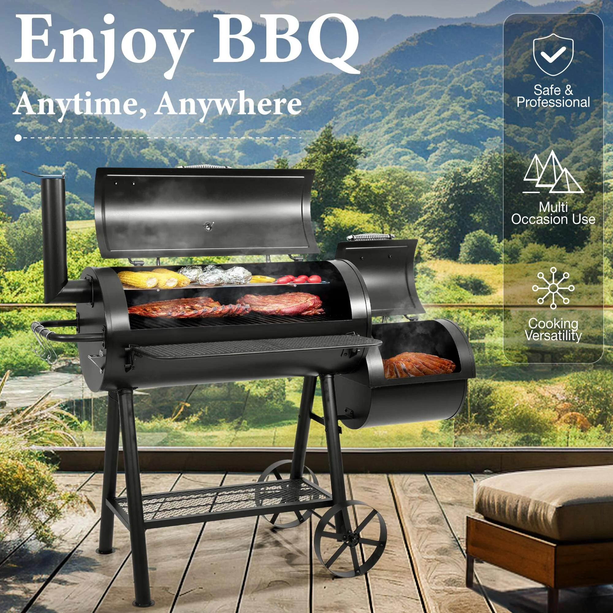 Charcoal Grill with Offset Smoker 941 sq.in. Extra Large BBQ Grill Black(35 in) - Image 2