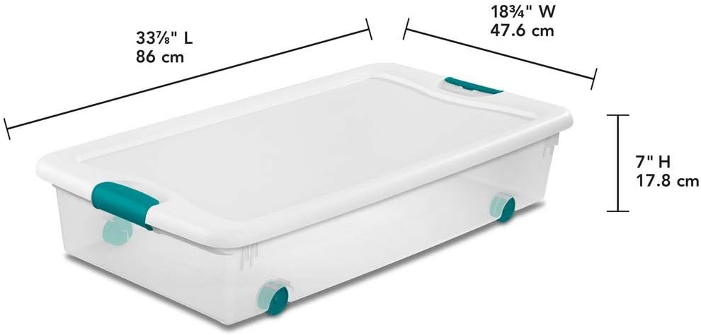 Sterilite 56 Qt Wheeled Latching Storage Box, Stackable Bin with Latch Lid, Plastic Container for Organizing Shoes Under the Bed, Clear with White Lid, 1-Pack