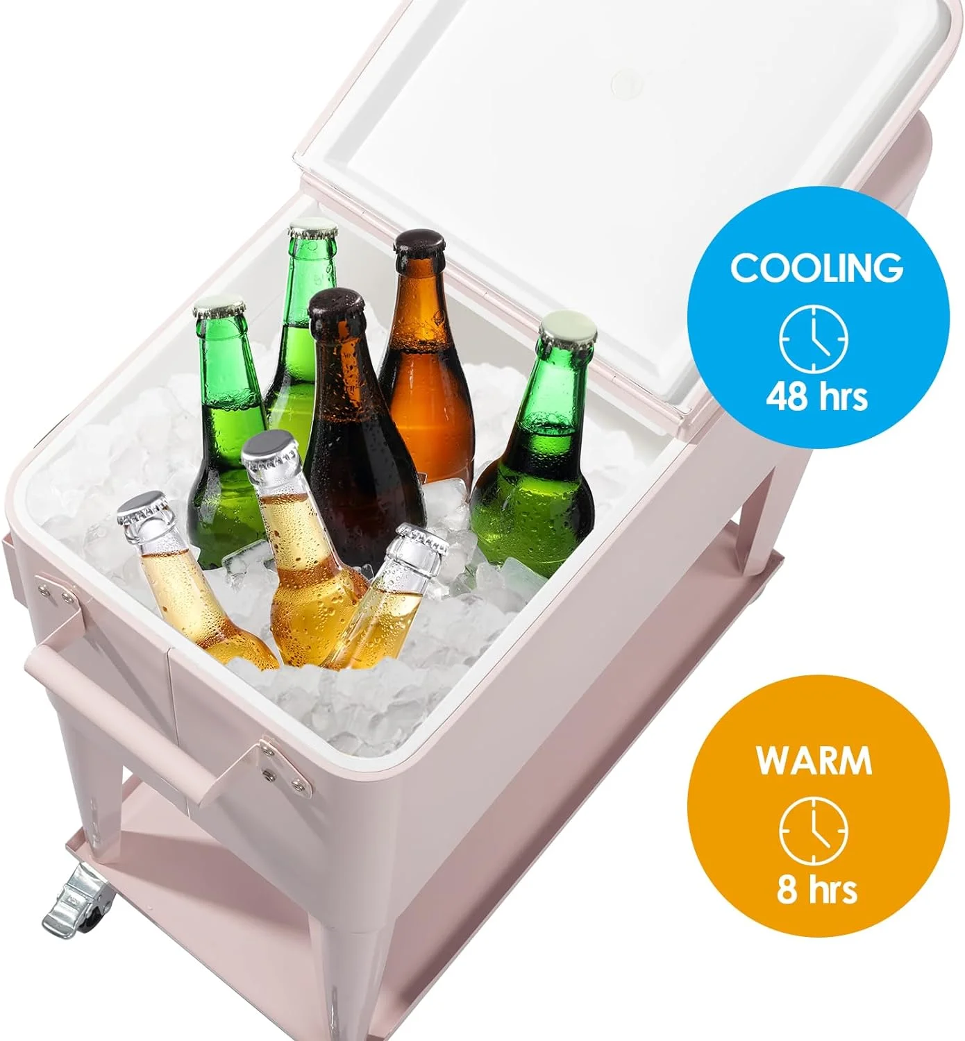 80 Quart Rolling Ice Chest, Portable Bar Drink Cooler with Catch Basin, Bottom Storage Tray and Bottle Opener for Patio Party BBQ Beach Activities(Pink) - Image 4
